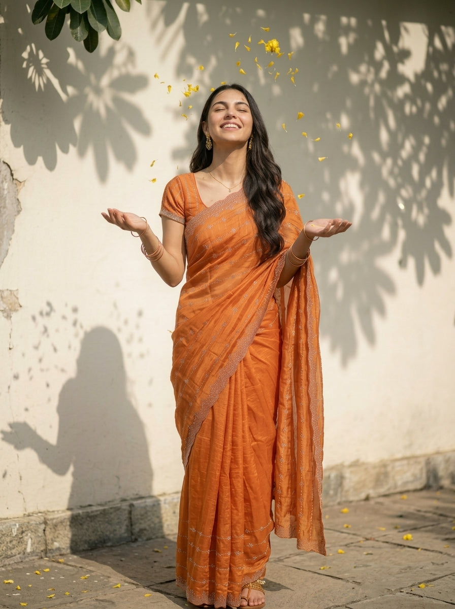 Organza Rust Orange Wave Pattern Stone Work  Designer Saree