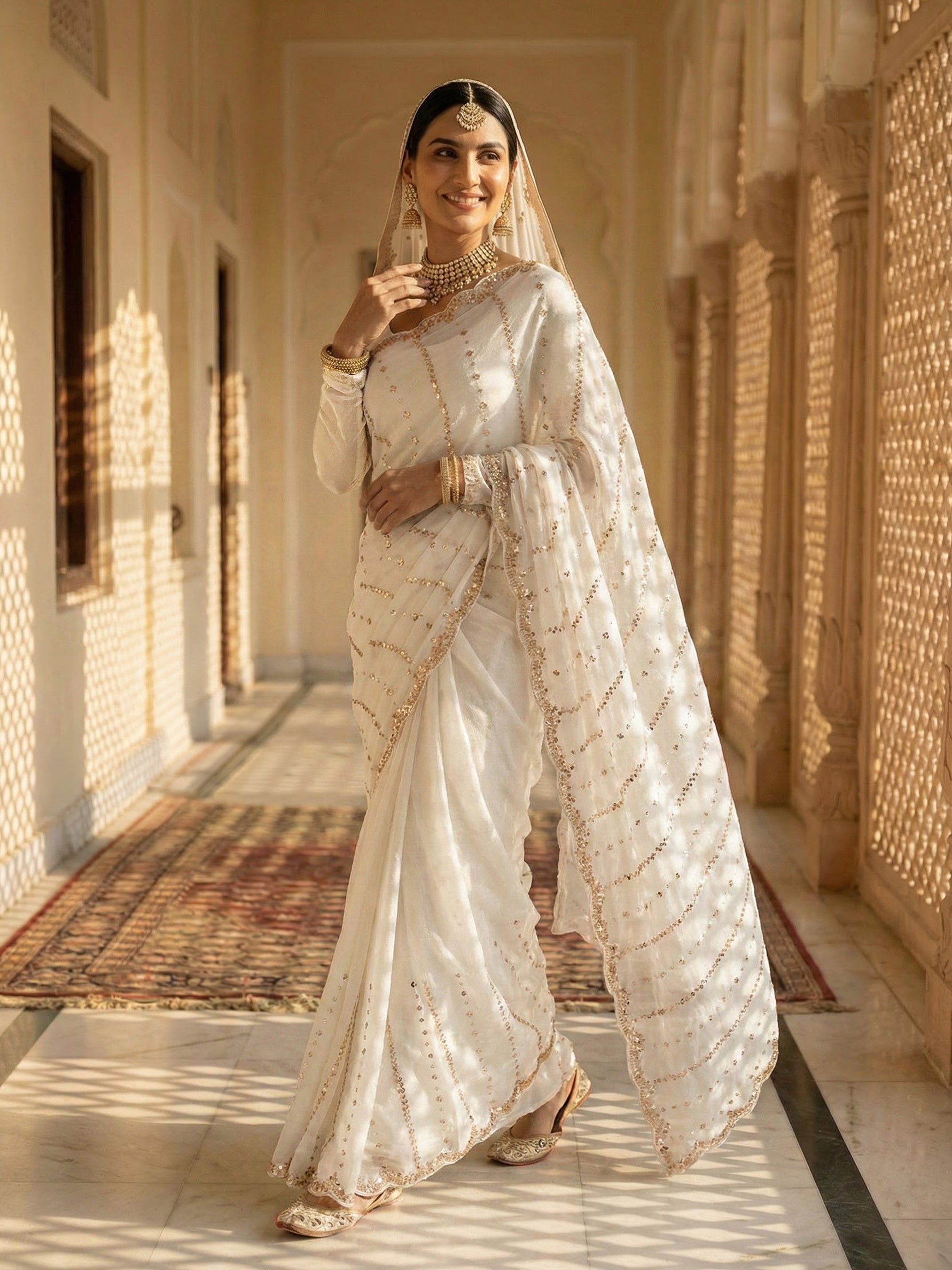 Timeless White Golden Sequin Embellished Saree