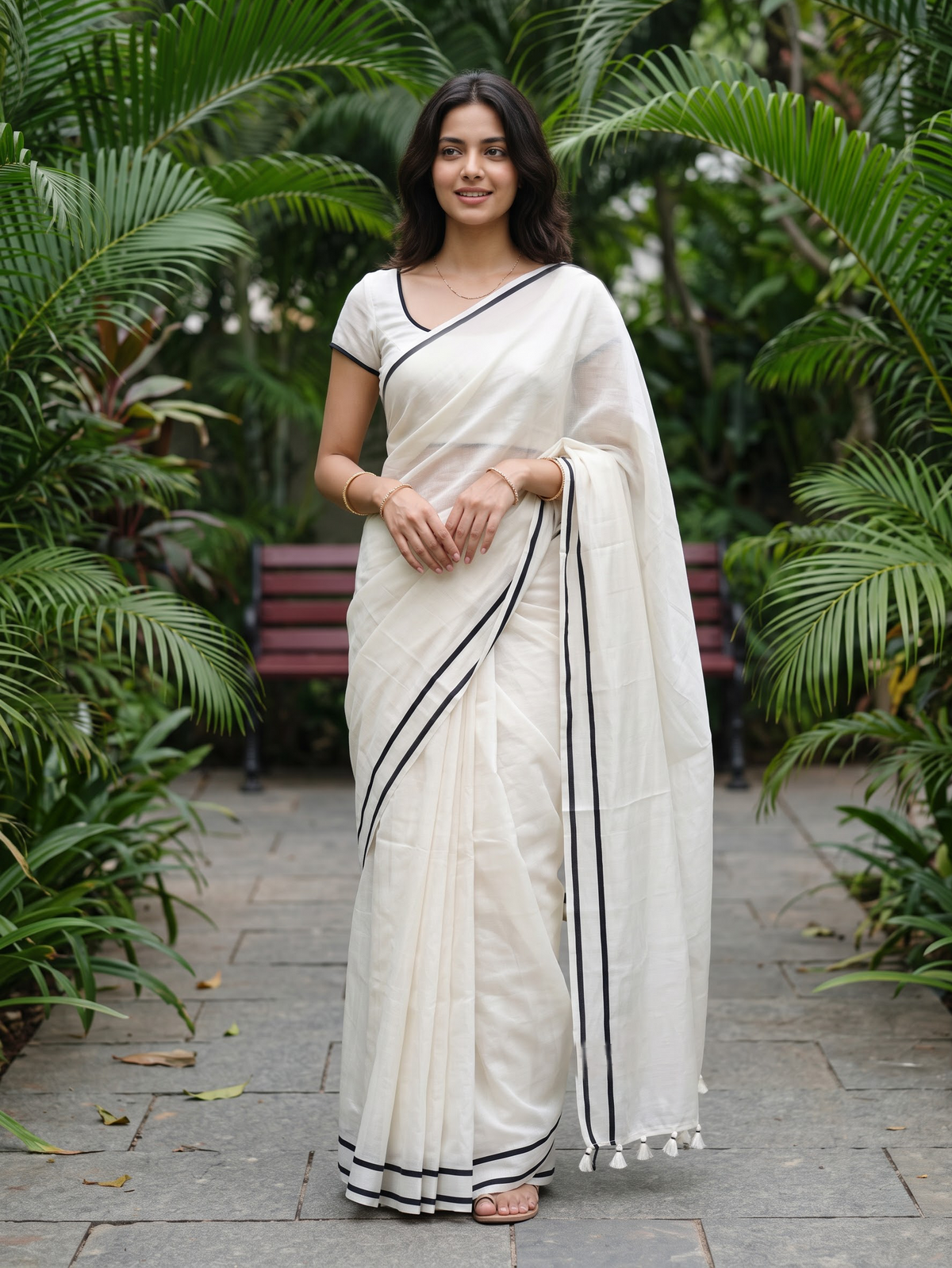 Chanderi Off White Plain Black Double Line Border Tassel Saree