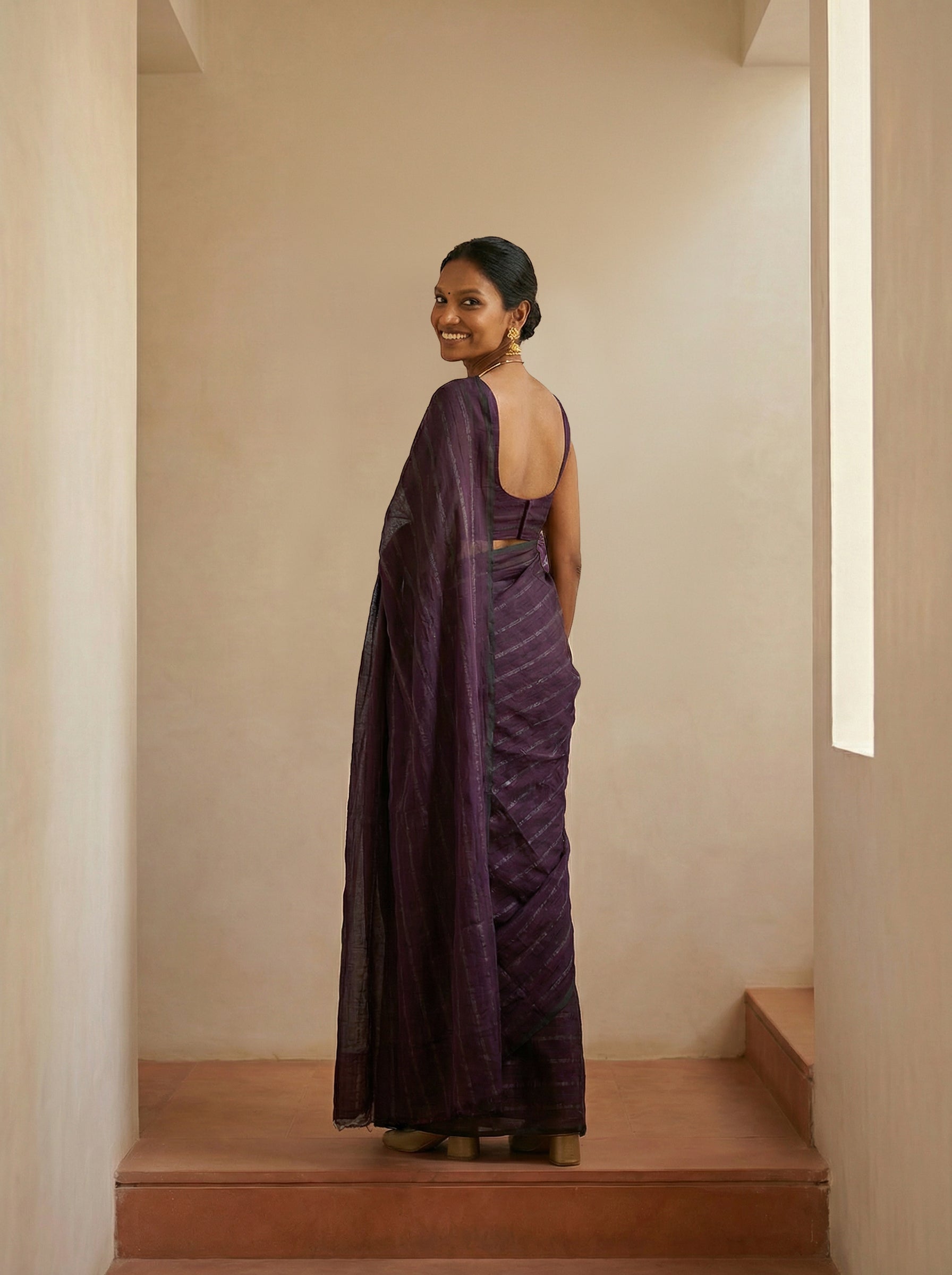 Synthetic Deep Maroon Saree with Elegant Stripe Pattern