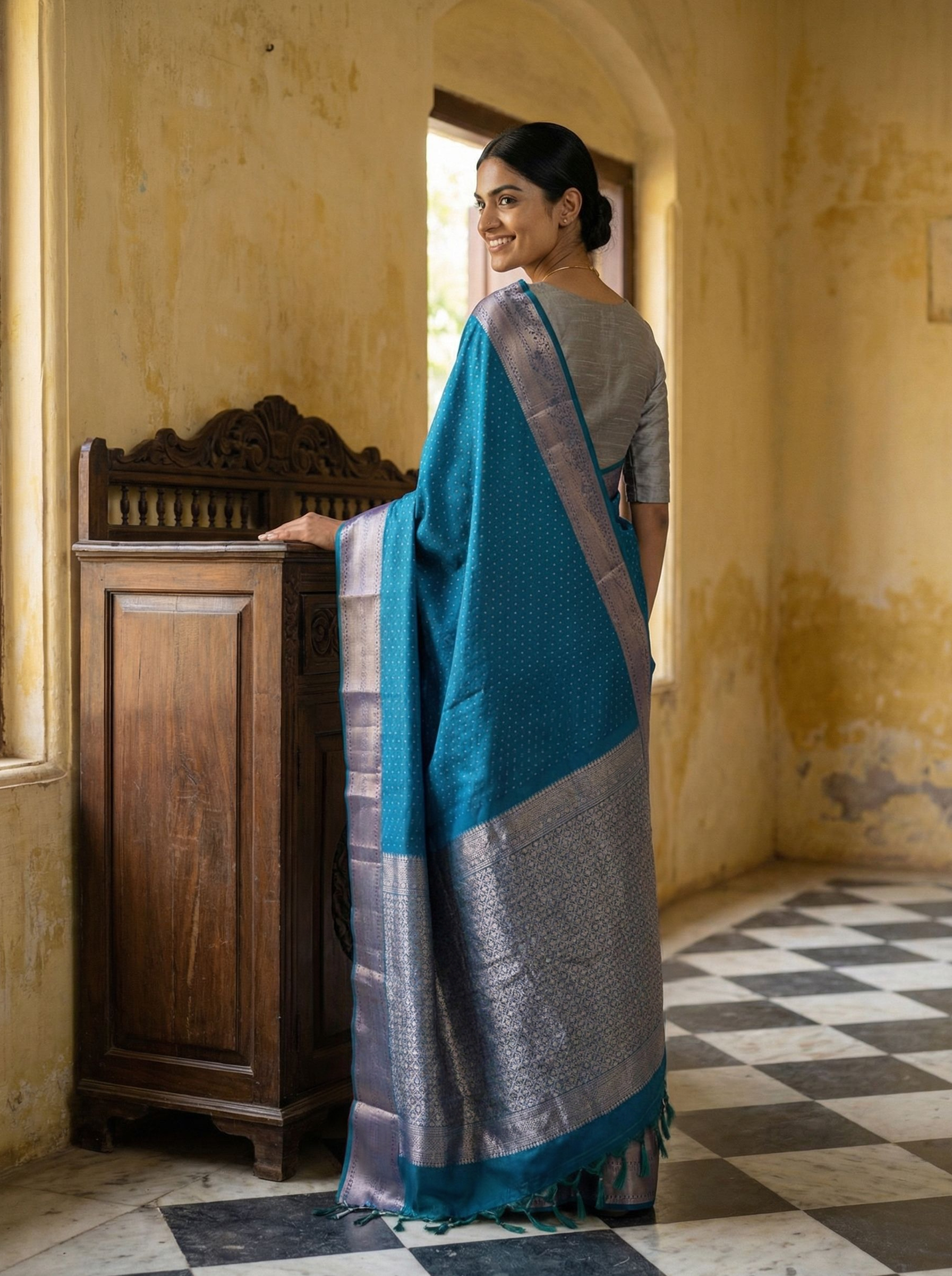 Kanjivaram Pure Silk Peacock Blue Traditional Butta Saree