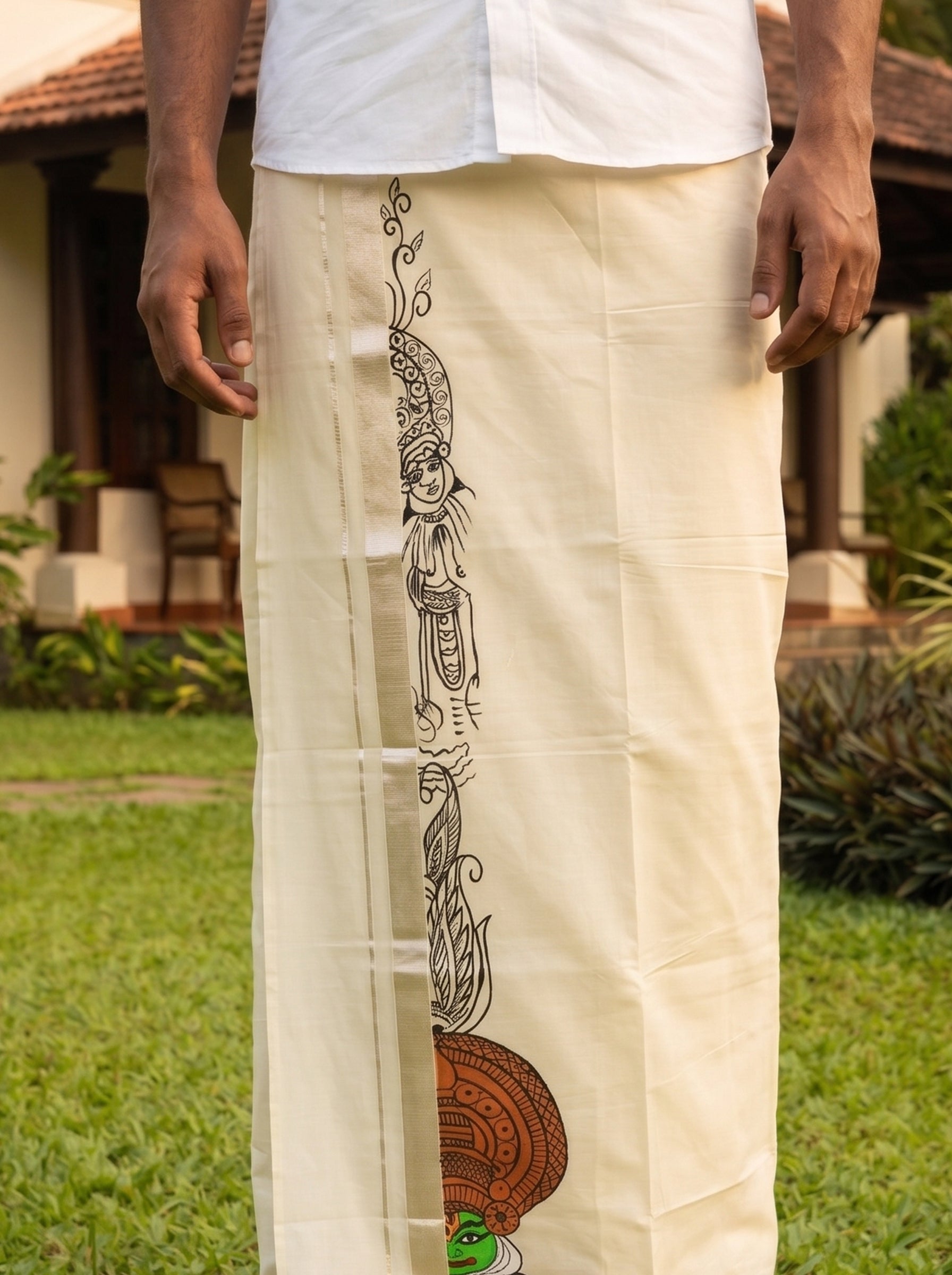 Men's Cotton Cream Traditional Art  Hand Painted With Antic Silver Kasavu Dhoti