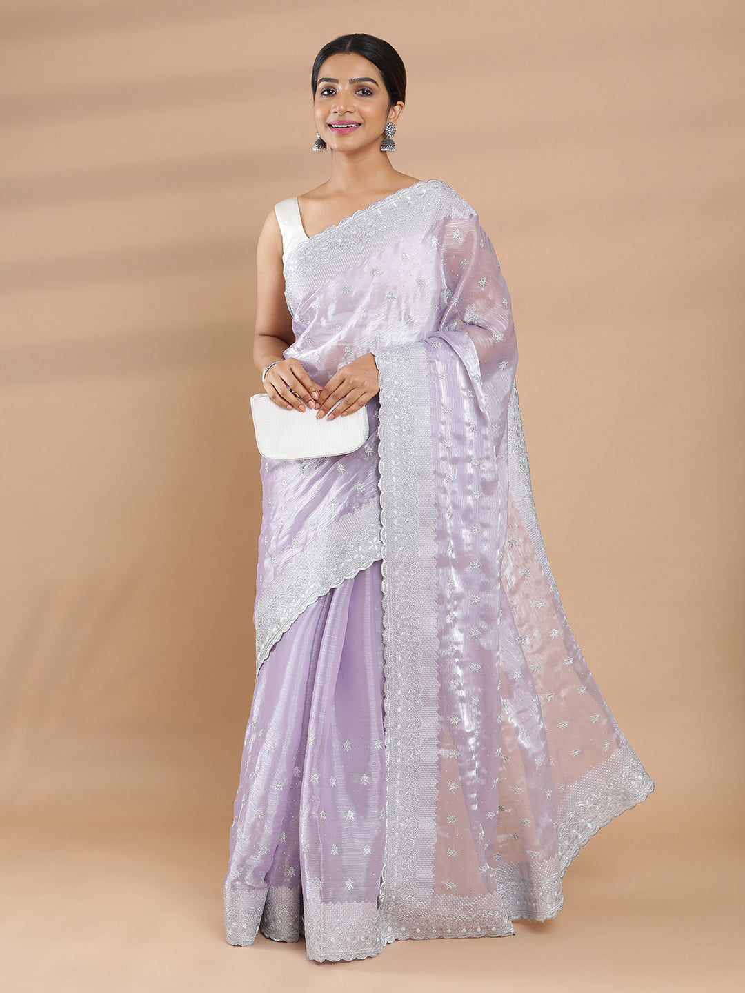 Lavender & Silver Shaded Color Glass Organza Saree With Silver Embroidery Butta Design