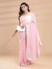 Baby Pink Color Soft Crush Organza Saree With Embroidery Design On Border
