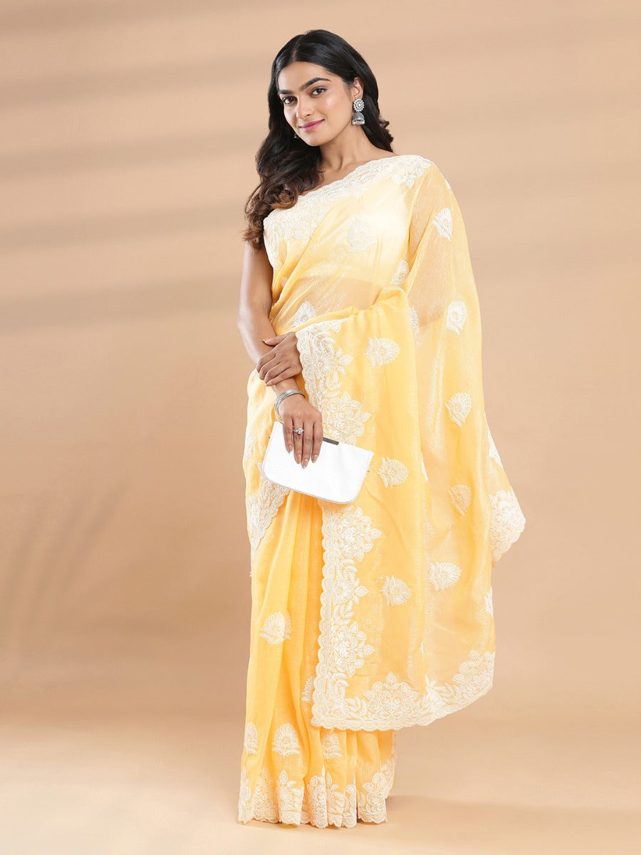 Yellow Color Crushed Organza Saree With Spreaded White Thread Butta Design
