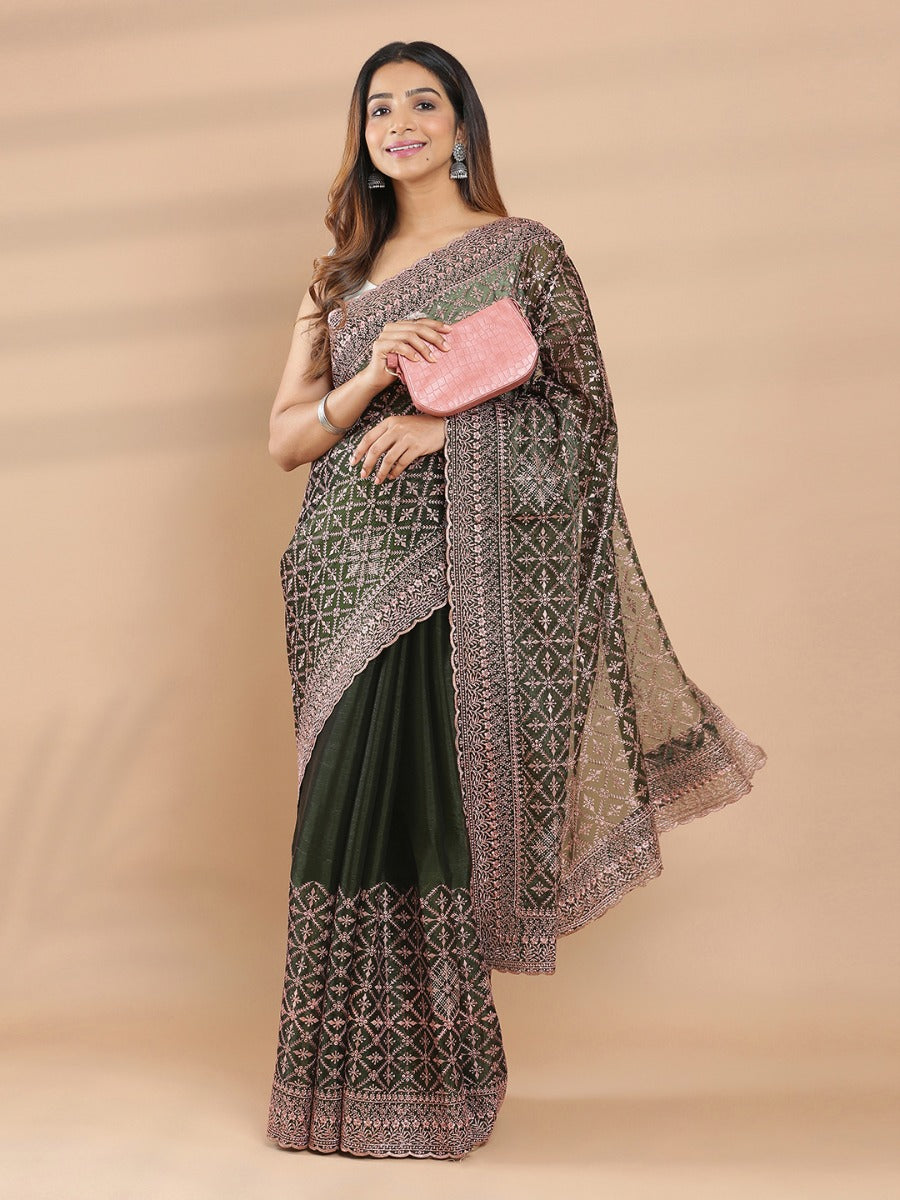 Green Color Glass Organza Copper Embroidered Saree With Mini Stone Work On Body
