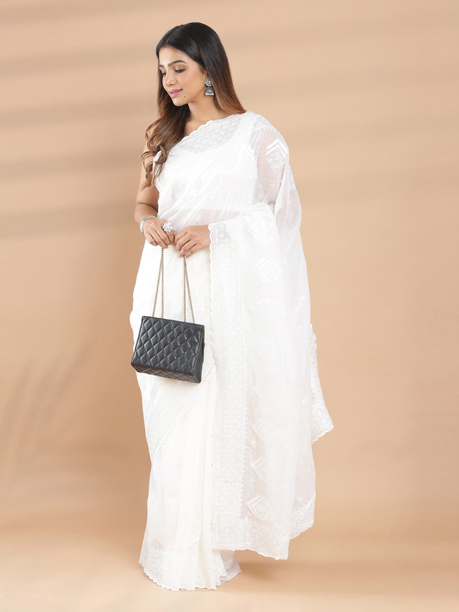 Off White Color Glass Organza Saree With Off White Embroidery Design On Body