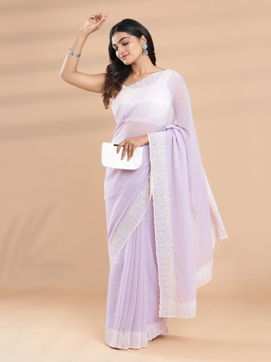Pastel Lavender Color Georgette Saree With Mini Stone Work