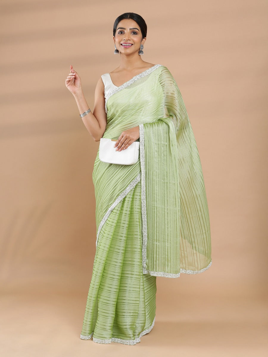 Pista Green Color Georgette Saree With Self Stripe Design  & Beads Worked Border