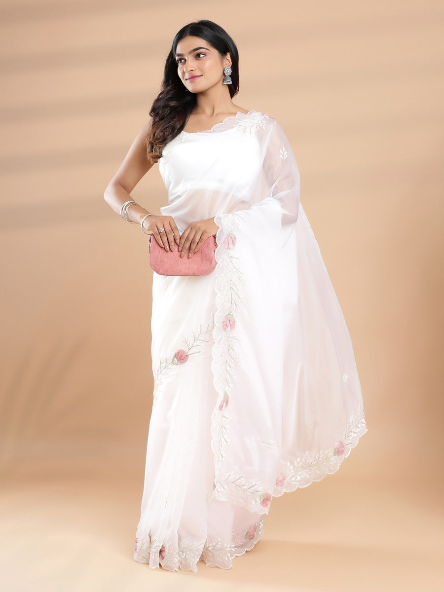 Off White Soft Organza Saree With Embroidery On Scalloped Border