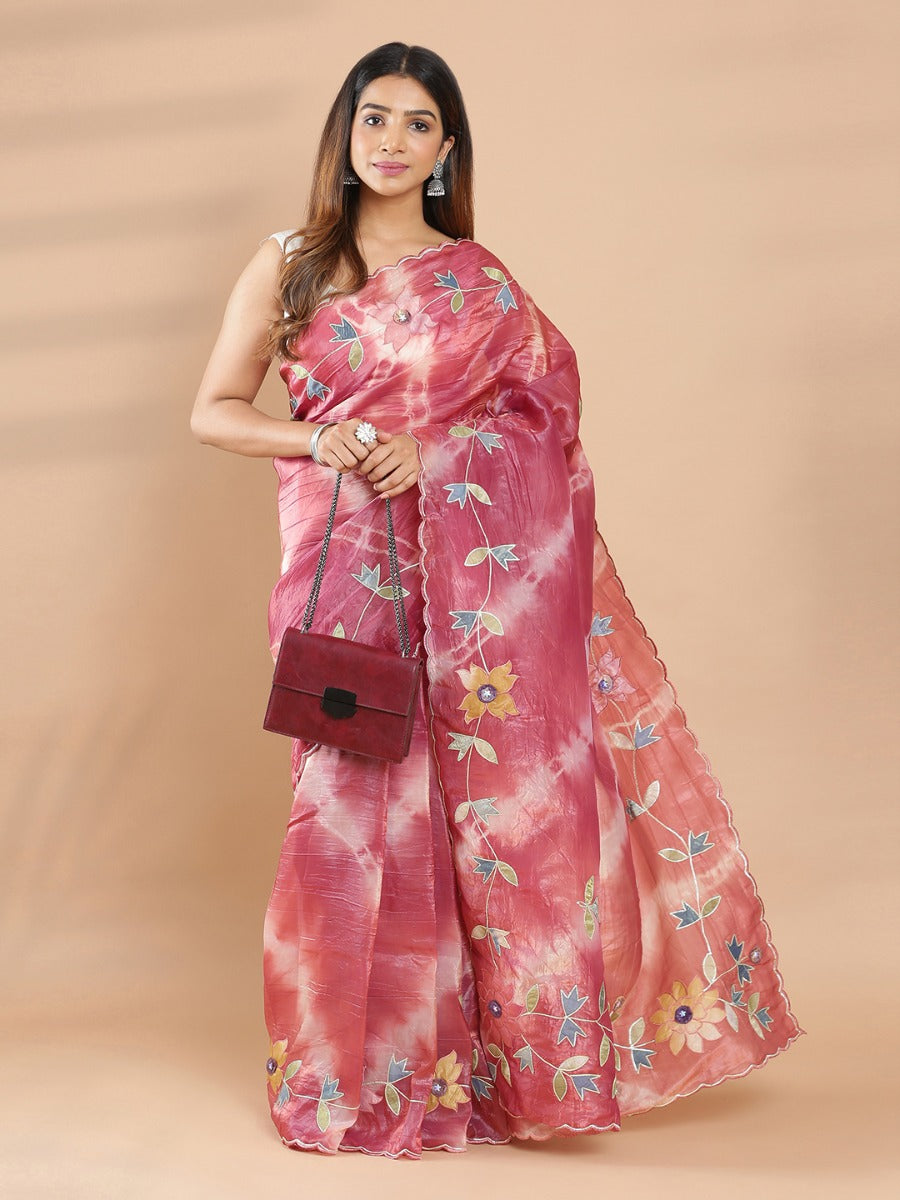 Pastel & Dark Brick Red Shade Soft Organza Saree With Floral Embroidery
