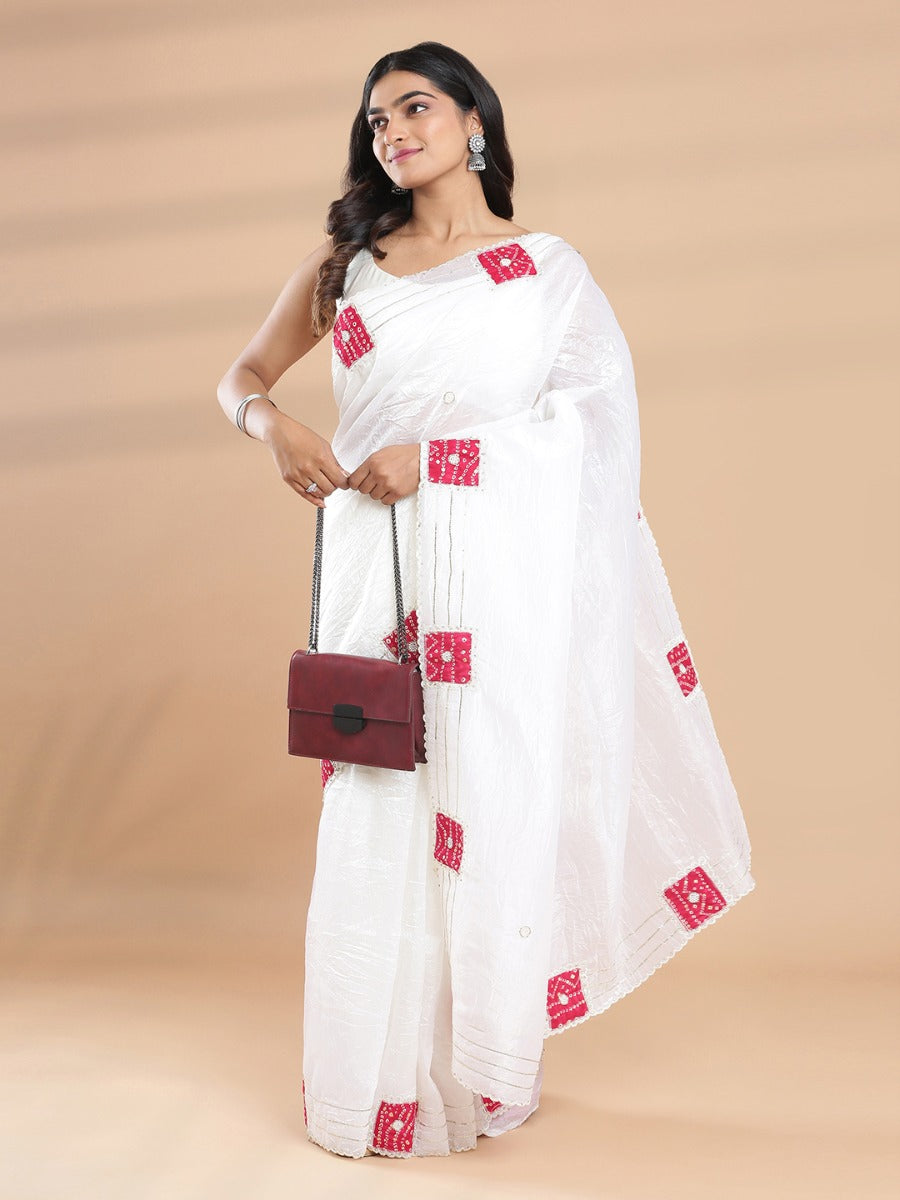 Off White Crush Organza Saree With Pink Bandhani Design Patch Work