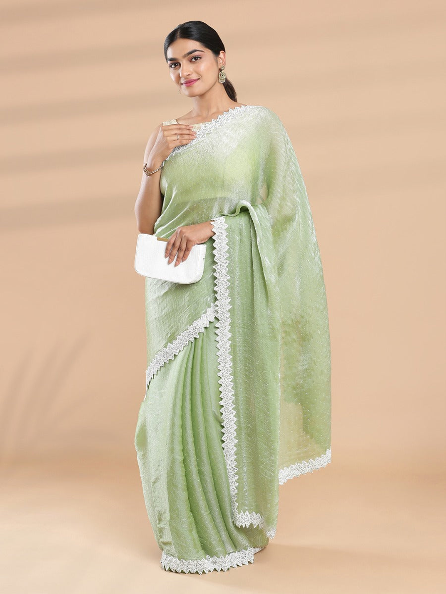 Pista Green Color Crushed Organza Saree With White Sugar Beads & Tube Beads Worked Border