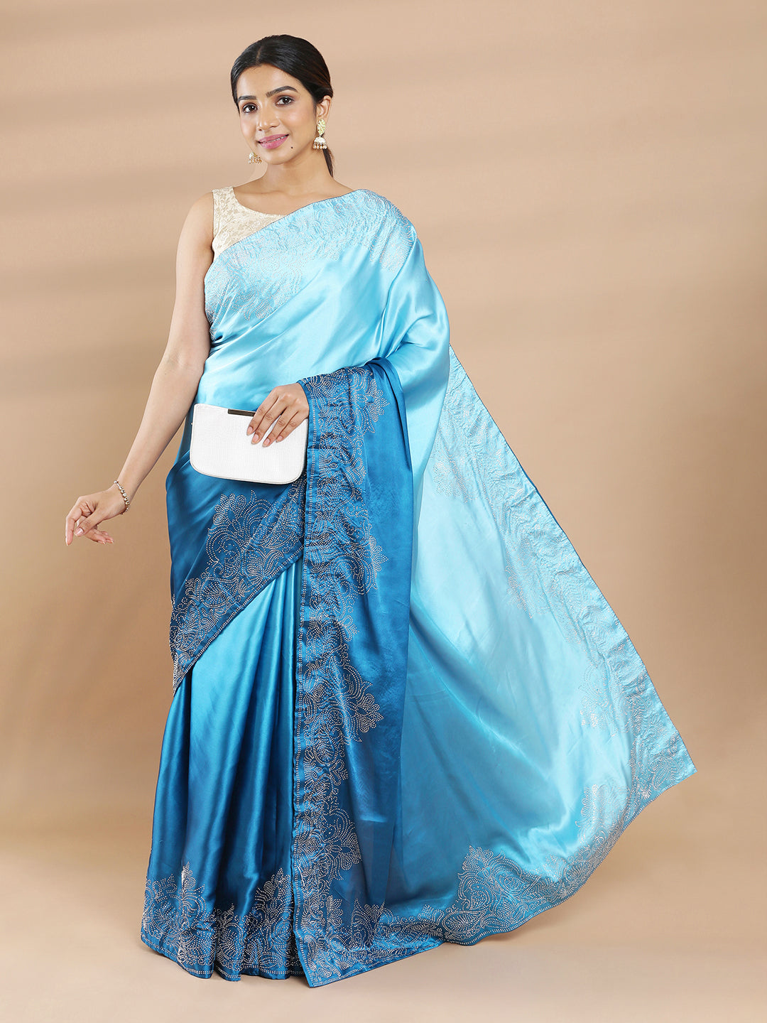 Dark & Light Blue Double Shaded  Satin Plain Saree With Mini Stone Work
