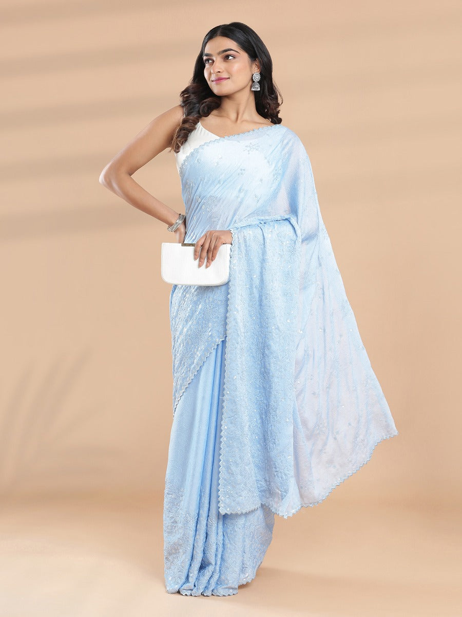 Powder Blue Color Crushed Chiffon Saree With Thread & Sequence Work