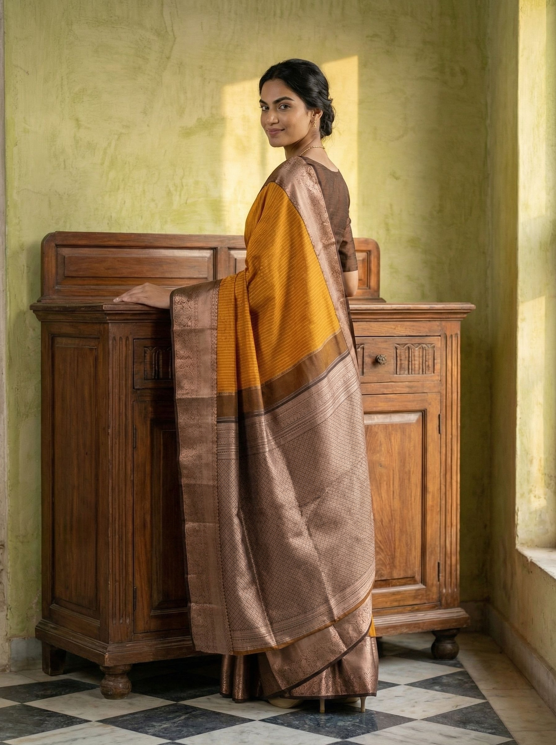Kanjivaram Pure Silk Ochre Yellow Striped Saree with Zari Border