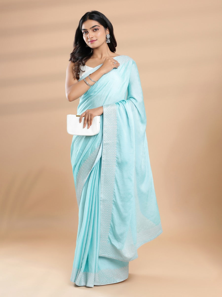Light Blue Color Crushed Georgette Crepe Saree With Mini Stone Work