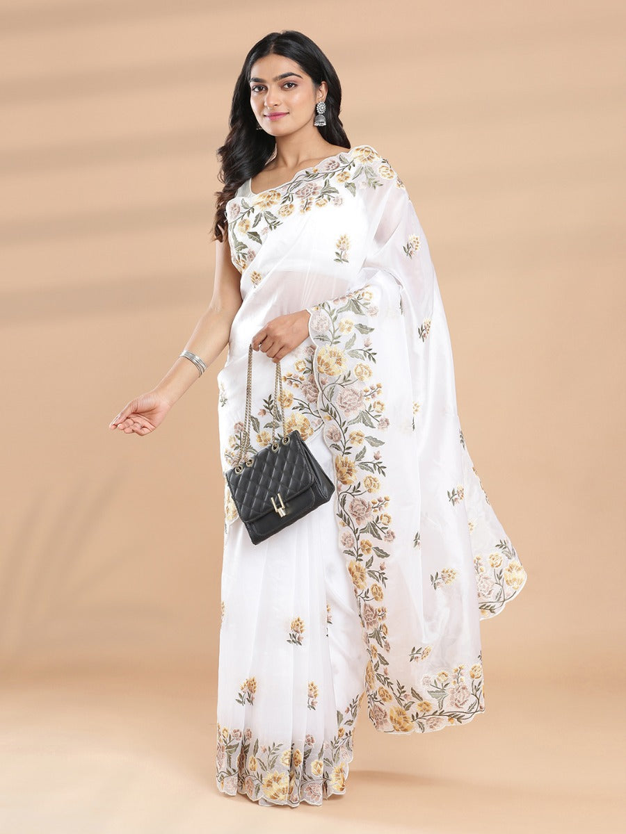 White Color Organza Saree With Floral Embroidery Butta Work