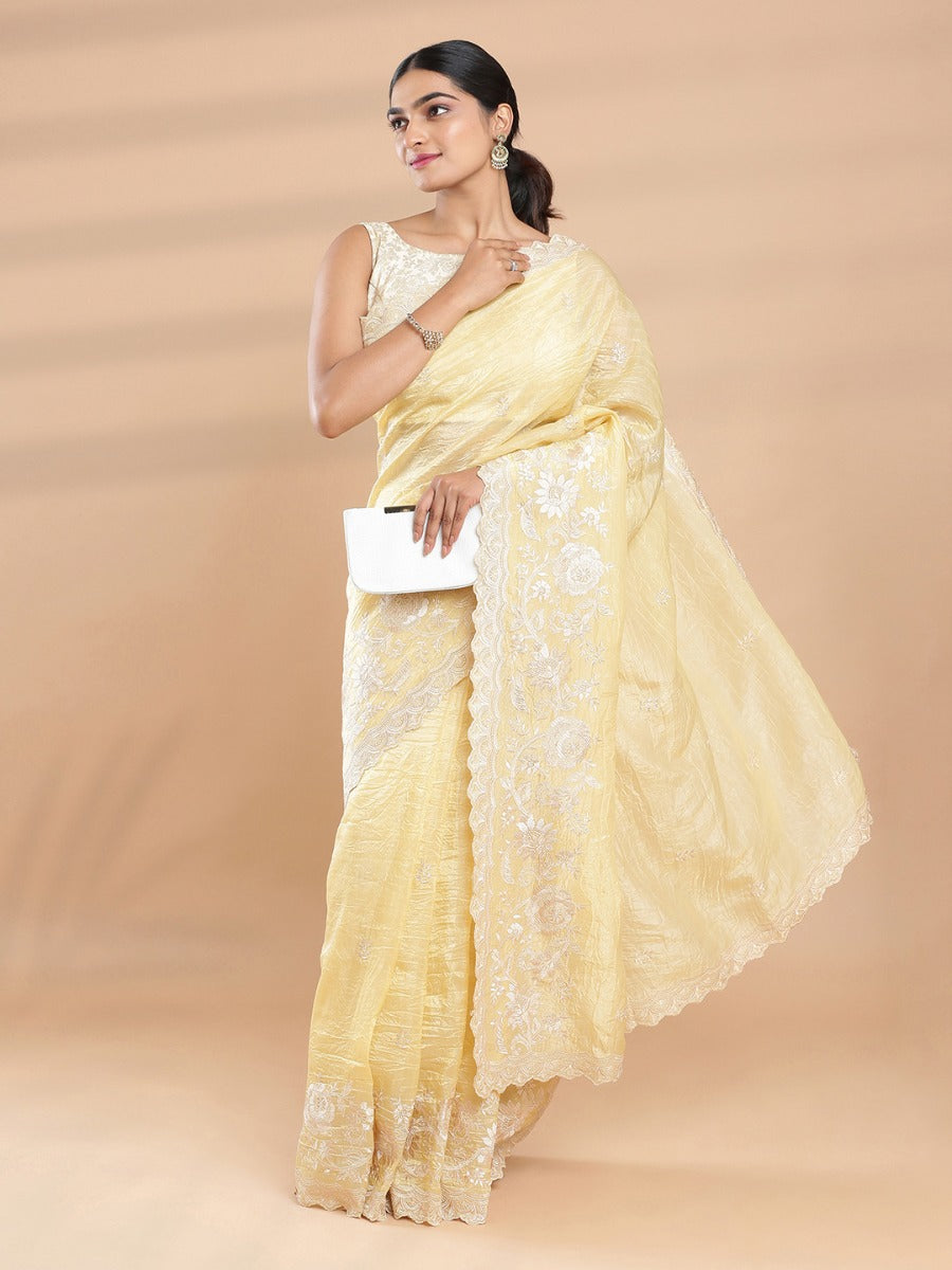Peach Yellow Color Organza Saree With Thread Work Design