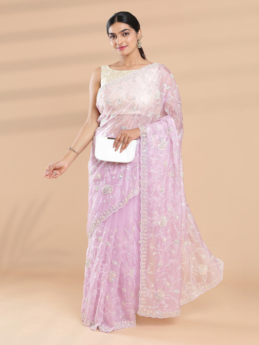 Pale Lavender Color Organza Saree With Spreaded Beads And Sequence Work