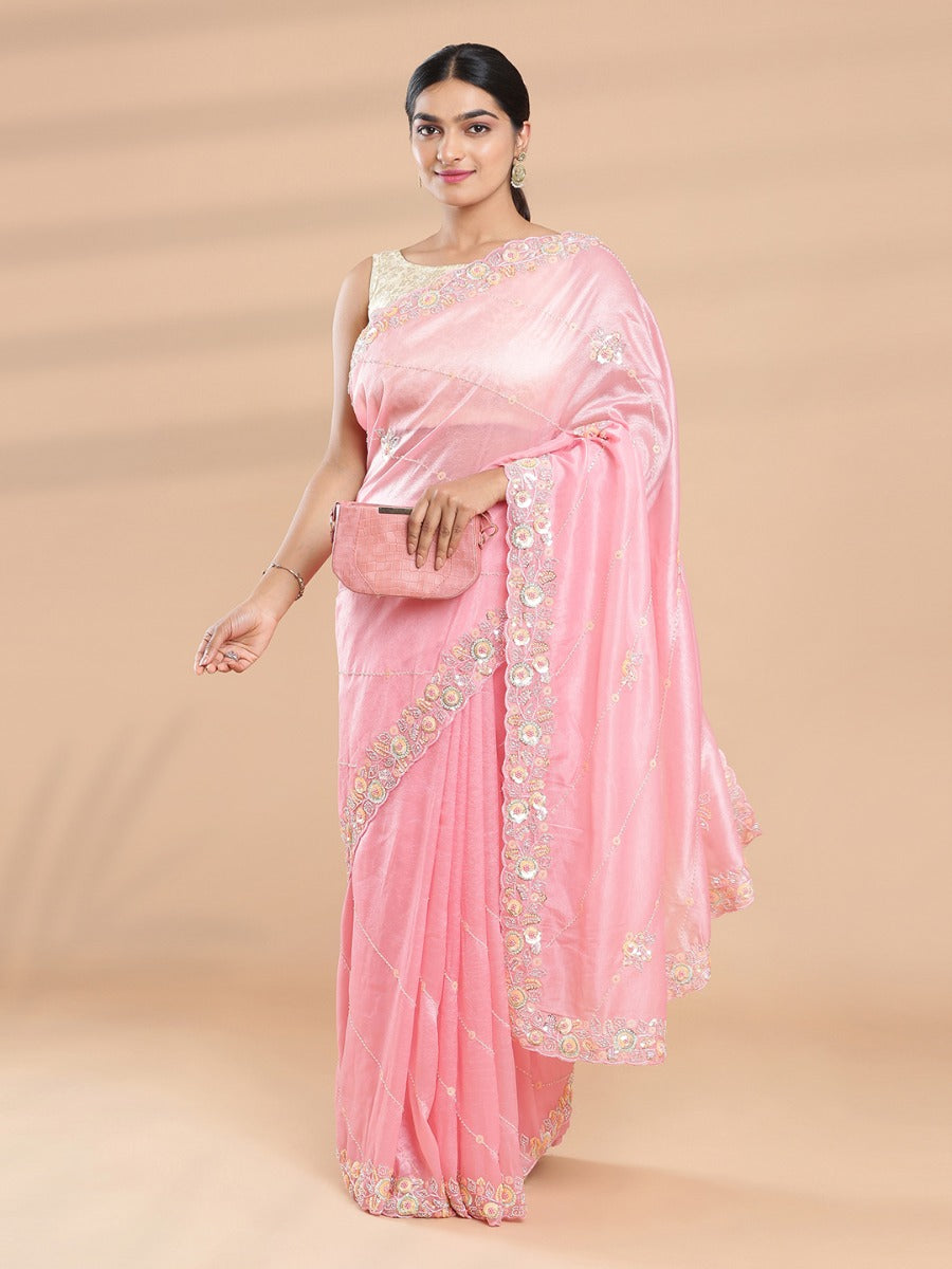 Warm Pastel Pink Color Crushed Organza Saree With Spreaded Beads And SequenceWork