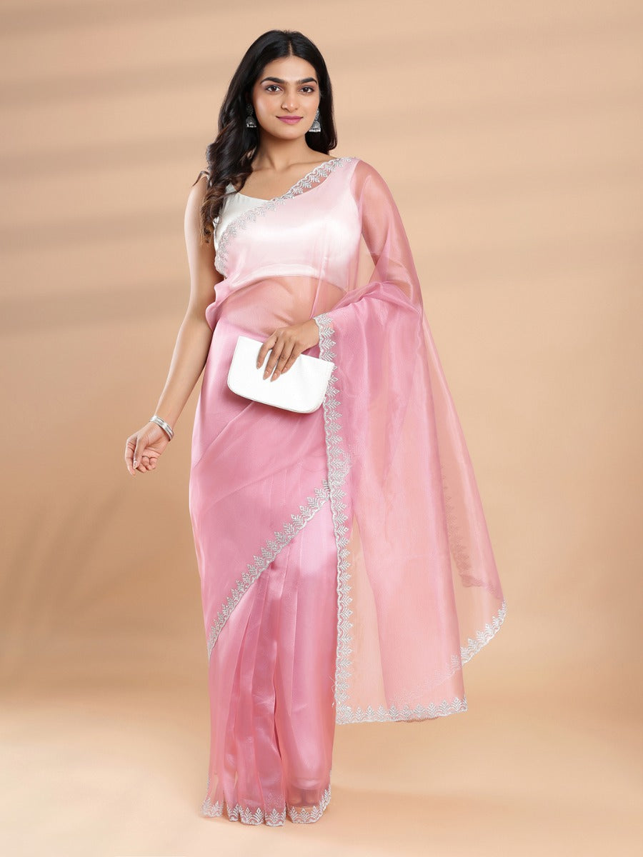 Onion Pink Color Organza Plain Saree With Stone Worked Scalloped Border & Blouse