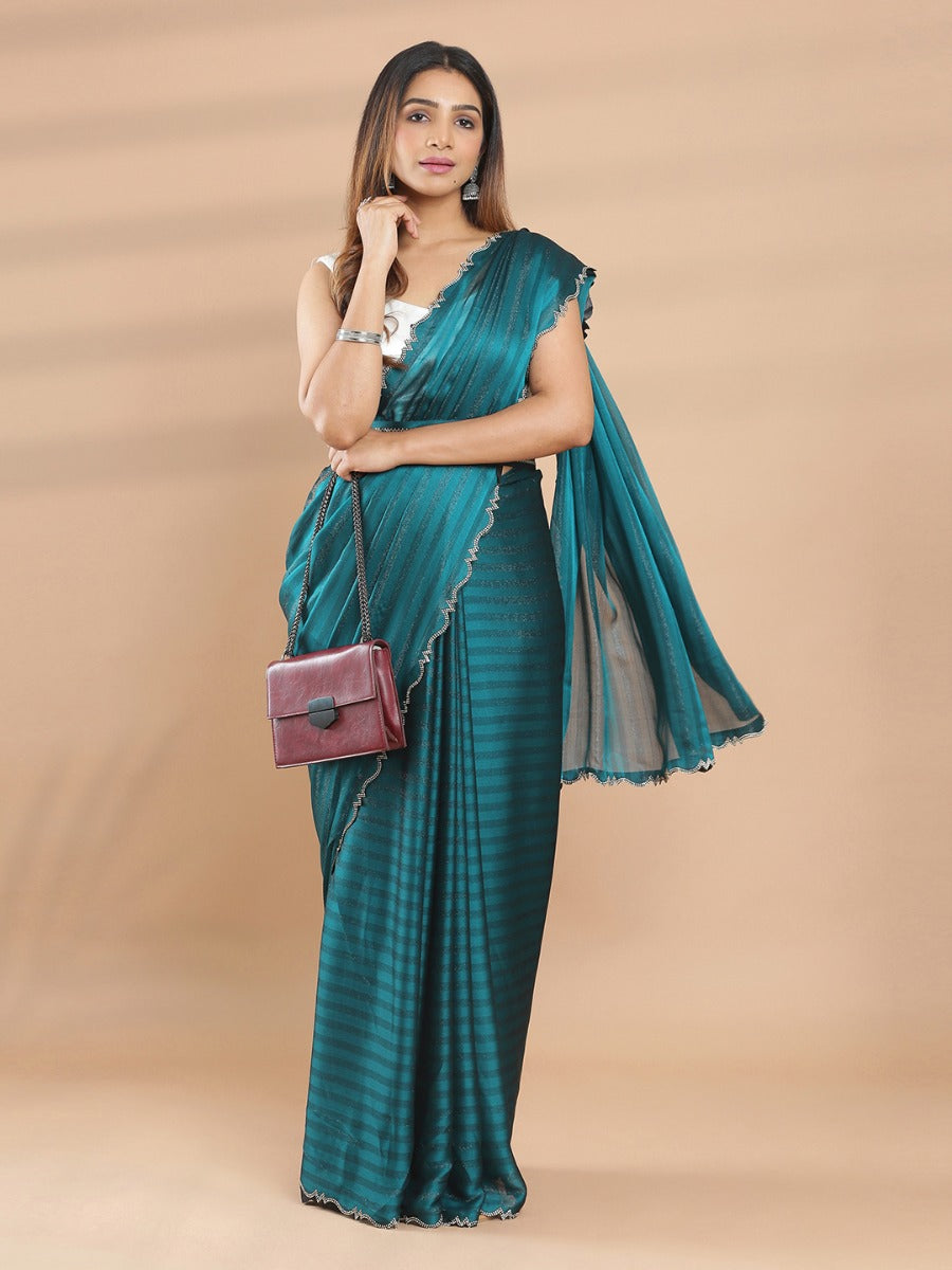 Peacock Green Color Shimmer Chiffon Striped Saree With Stone Work
