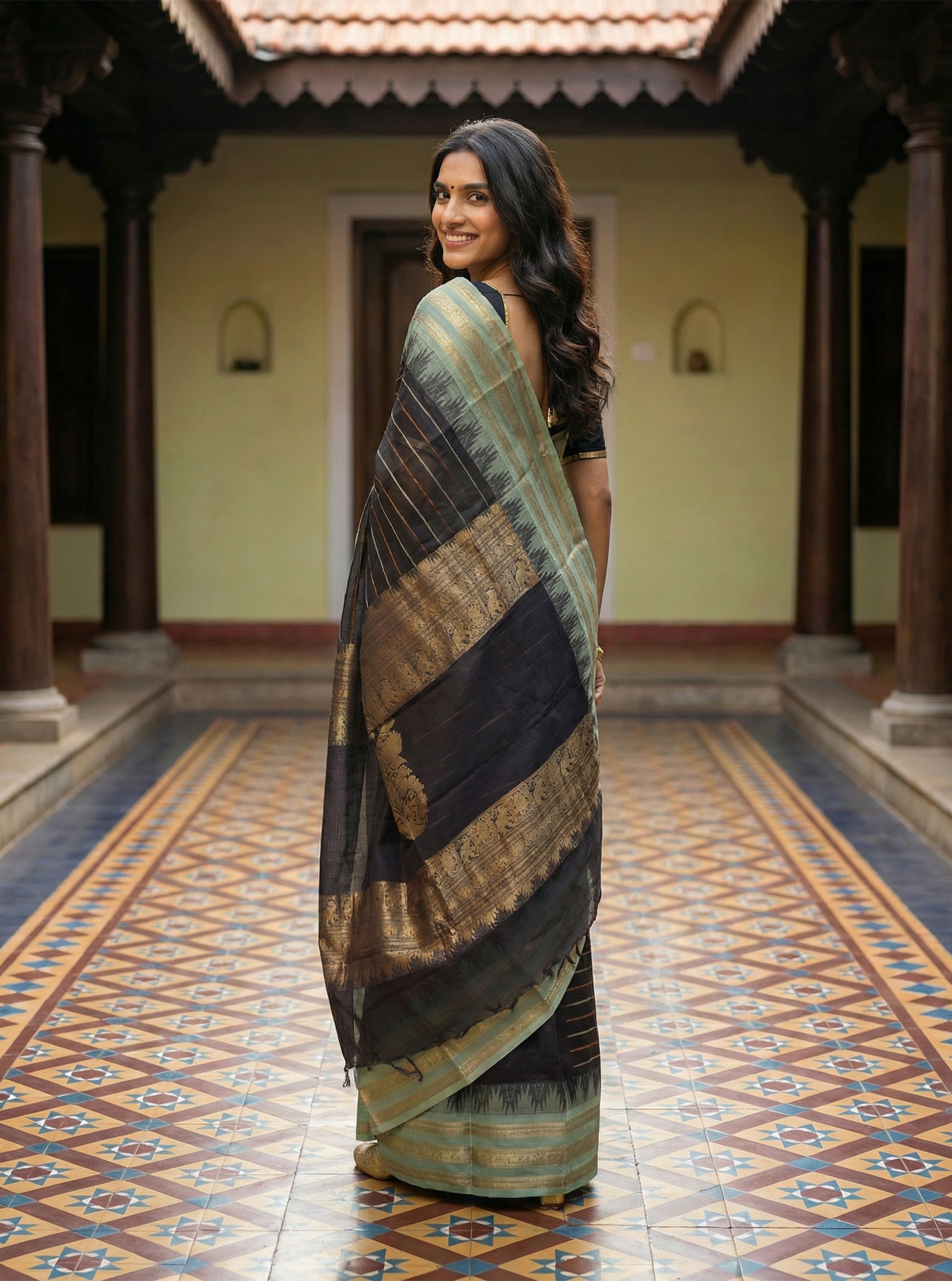 Cotton Green and Black Handloom Style Saree with Antique Gold Weave