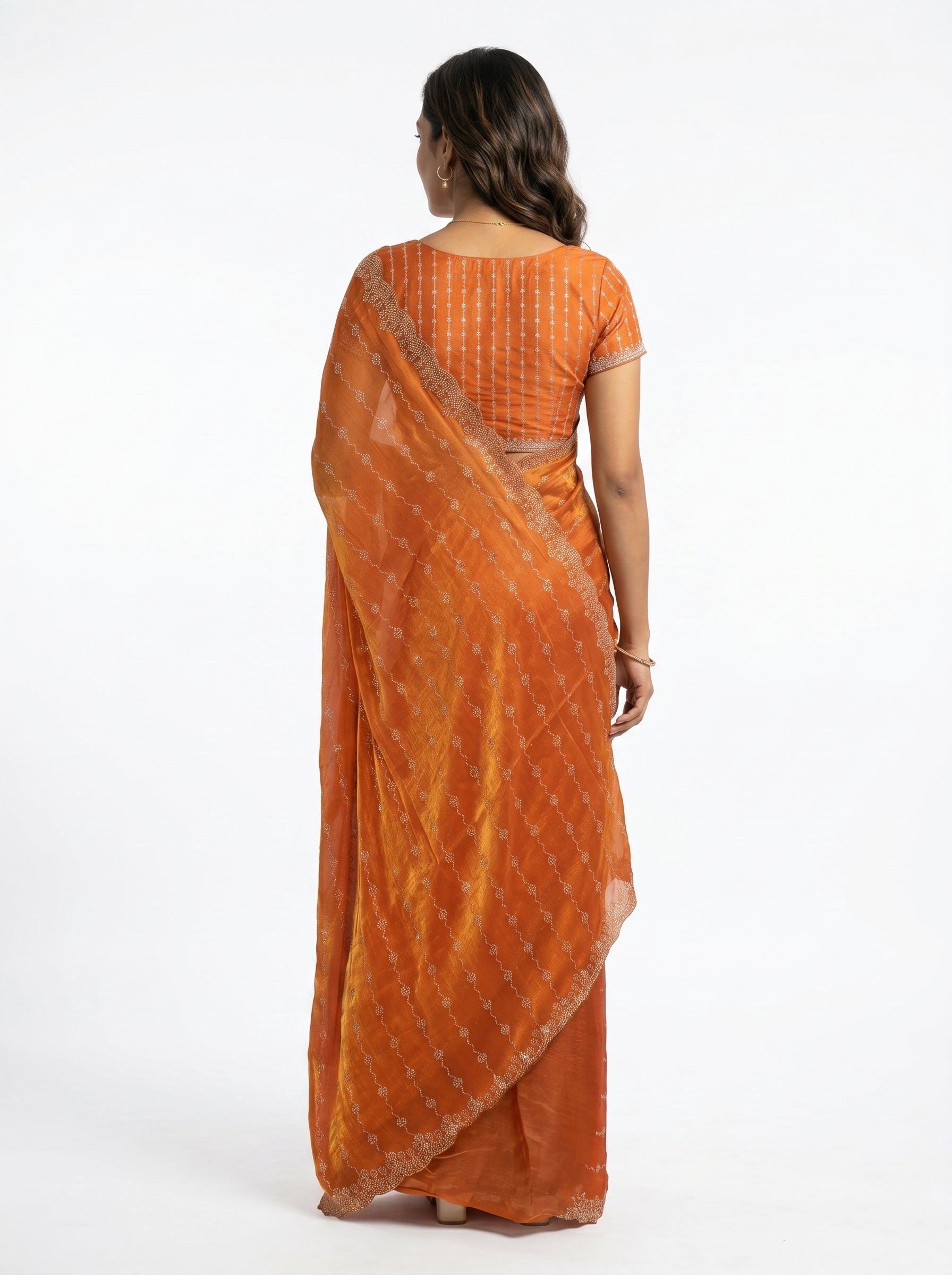 Organza Rust Orange Wave Pattern Stone Work  Designer Saree