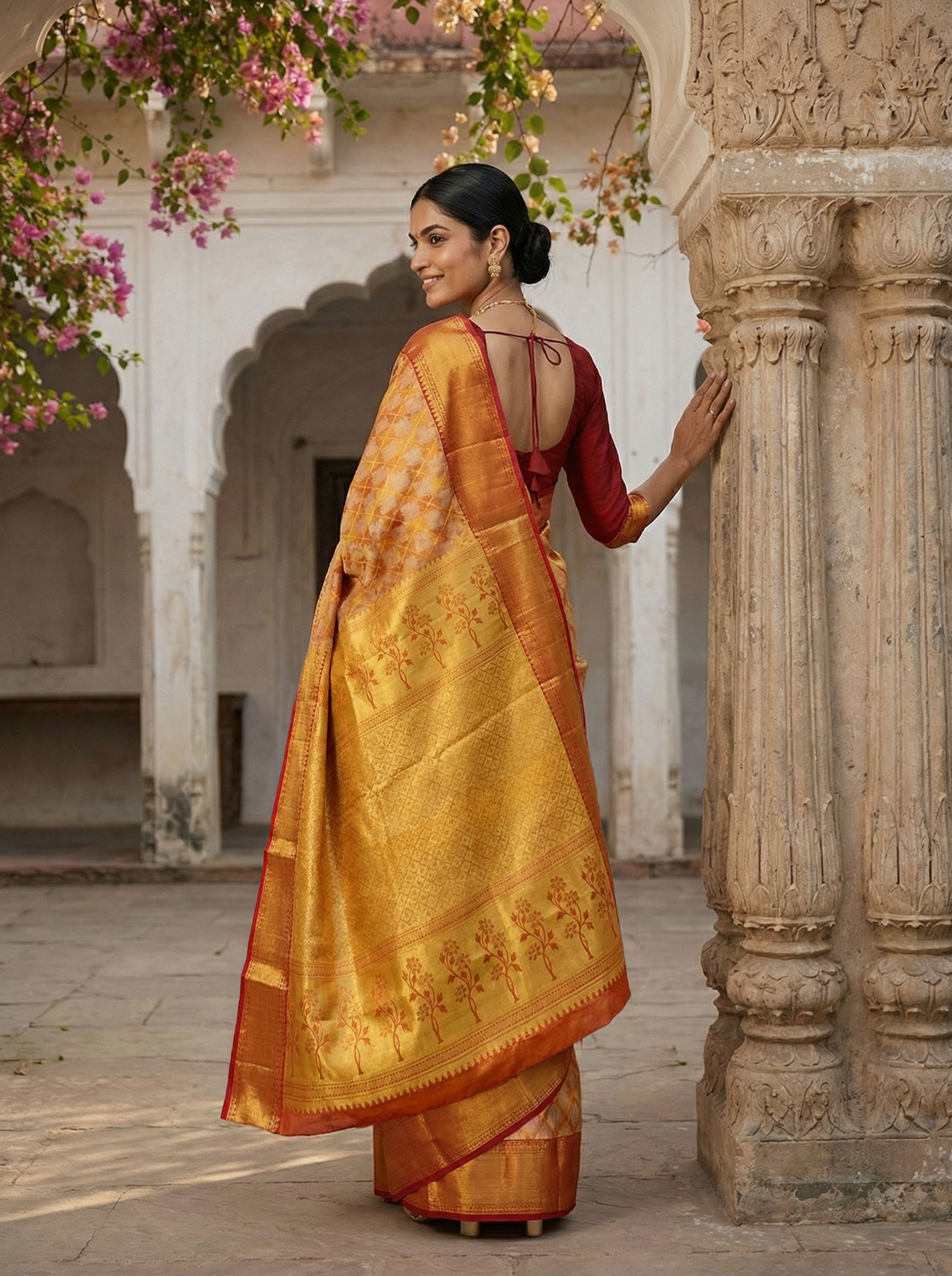 Kanjivaram Mustard Yellow and Maroon Saree with Geometric Diamond Jaal and Zari Border