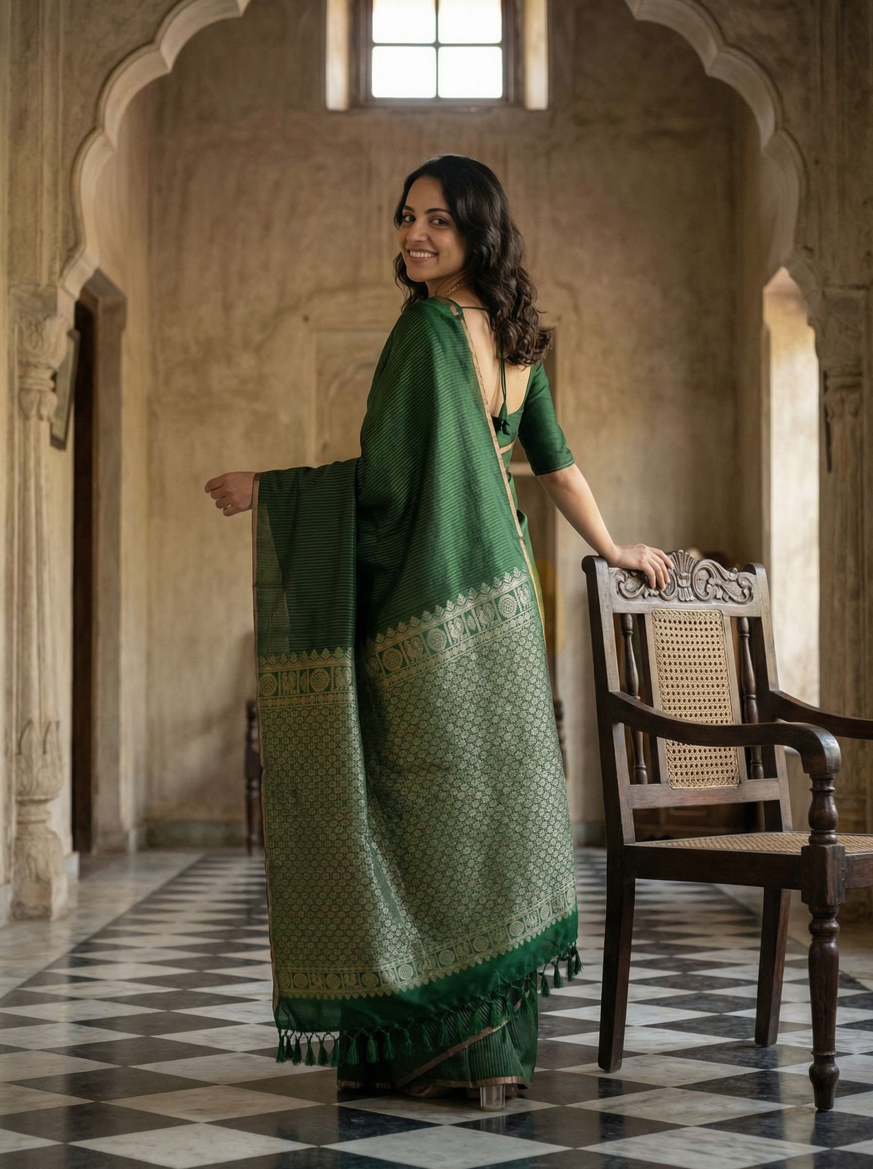 Kanjivaram Pure silk Dark Green Striped Saree with Zari Border