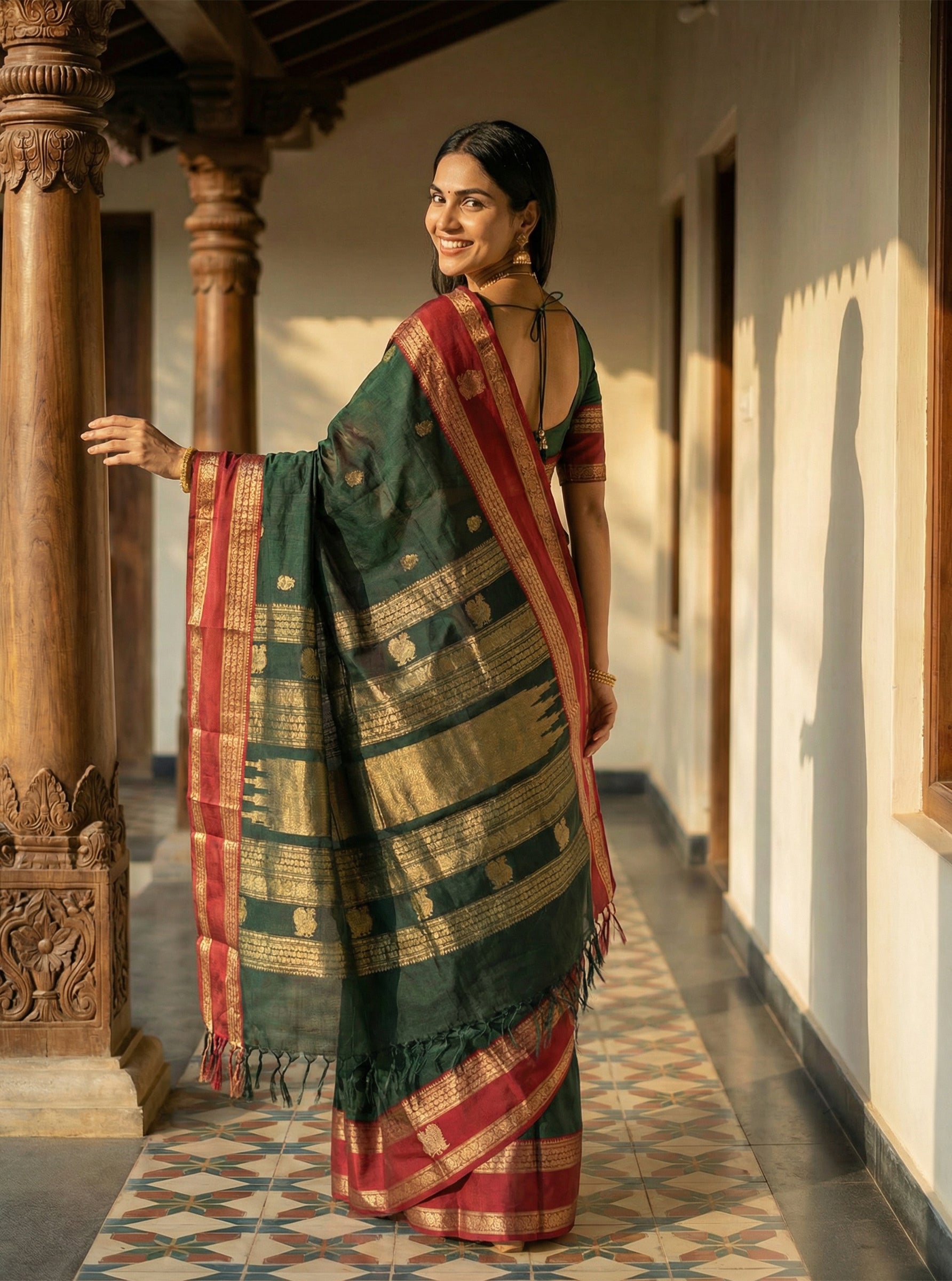Cotton Green and Red Festive Saree with Antique Gold Weave
