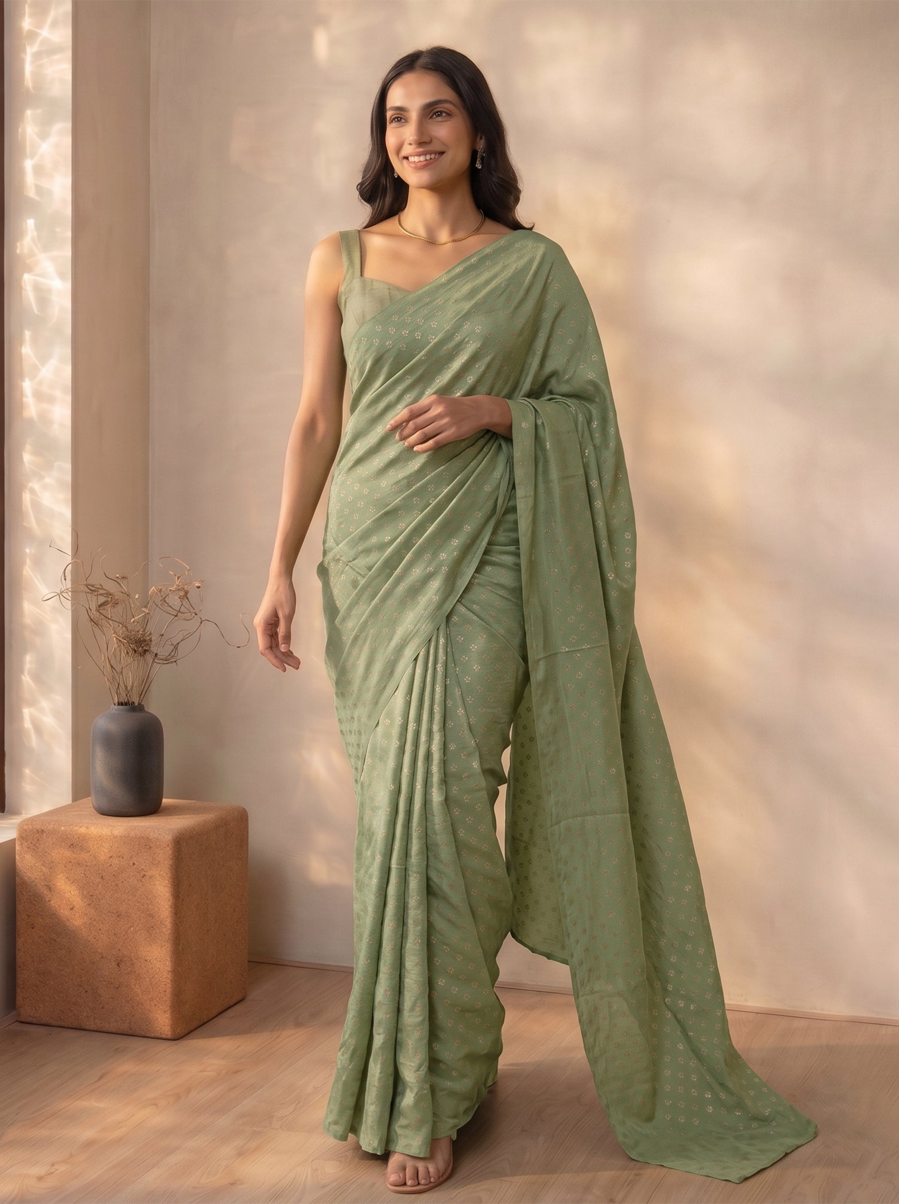 Woman wearing a green saree standing indoors with a neutral background