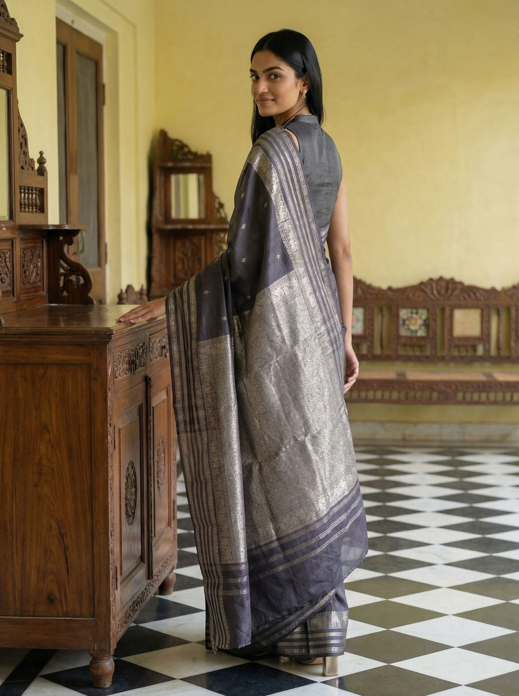 Kanjivaram Pure Silk Charcoal Grey Butta Saree with Silver Zari