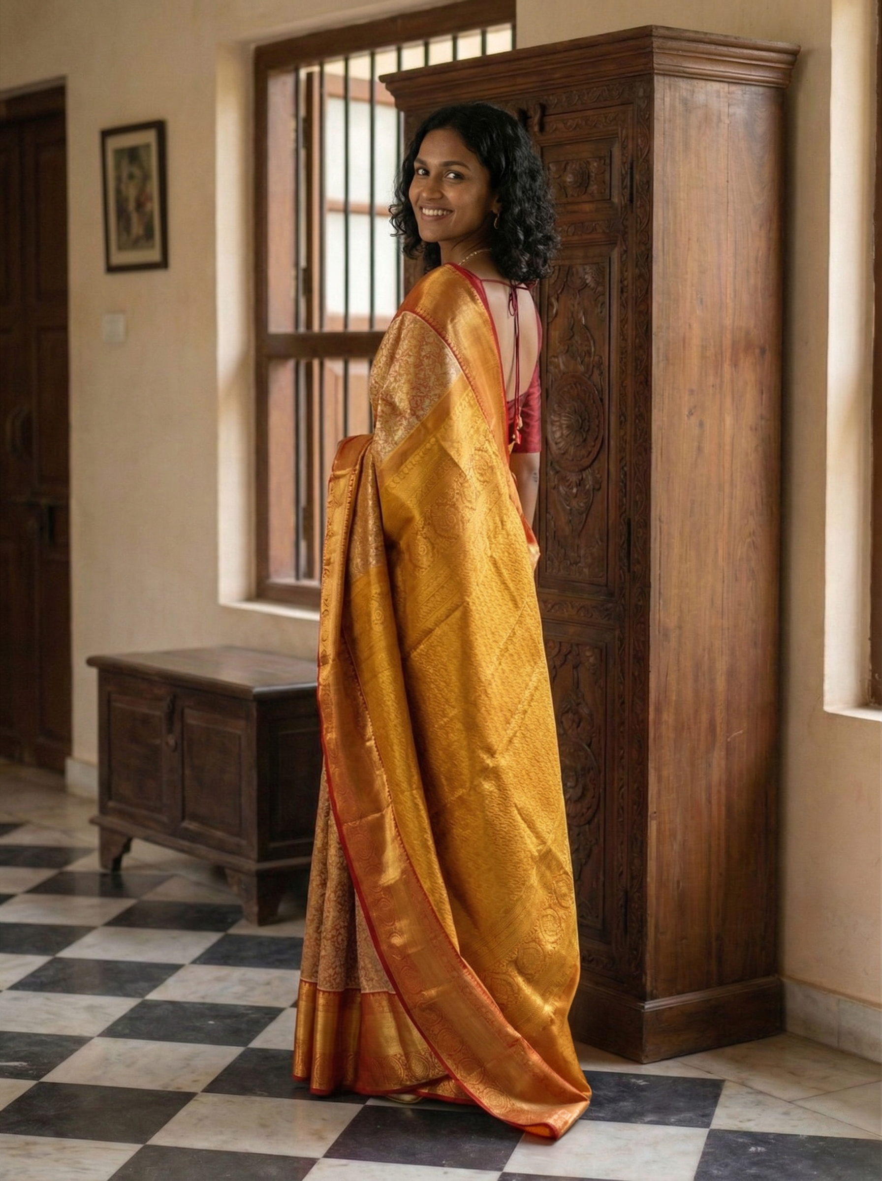 Pure silk Cream and Red All-Over Floral Brocade Saree