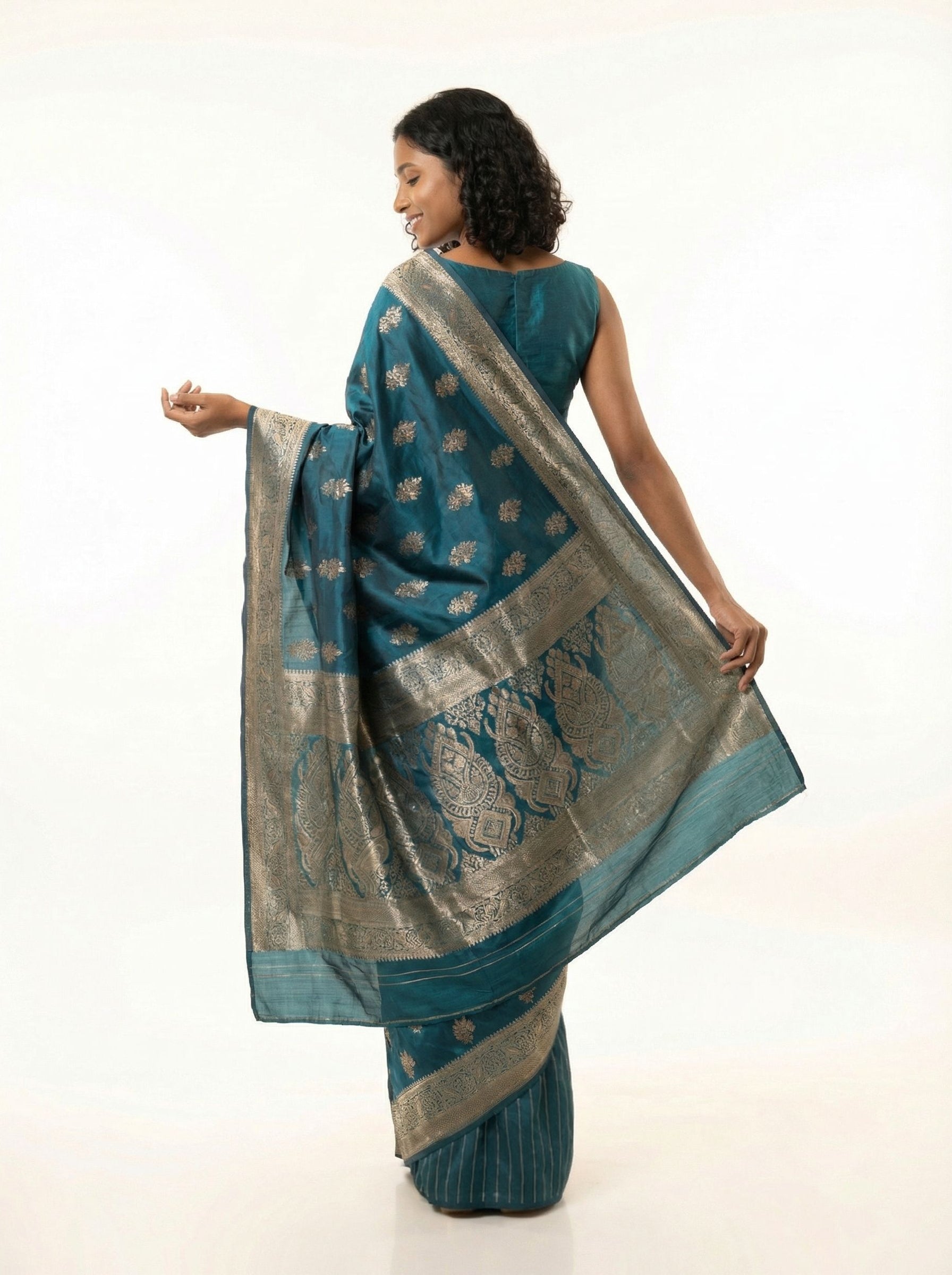 Art Silk Peacock Blue Zari Woven Saree with Floral Butta