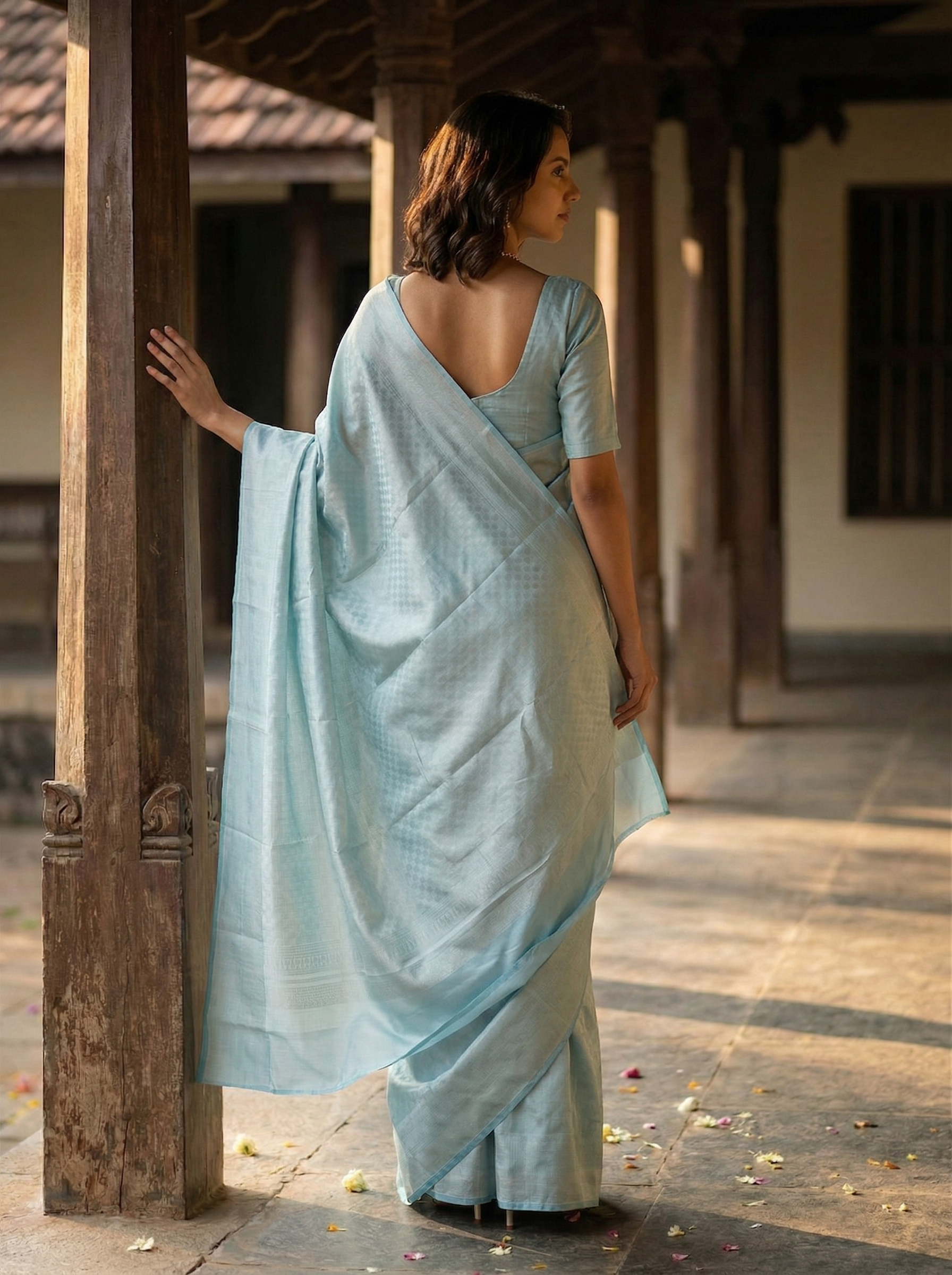 Kanjivarm Silk Powder Blue Solid Saree with Elegant Finish