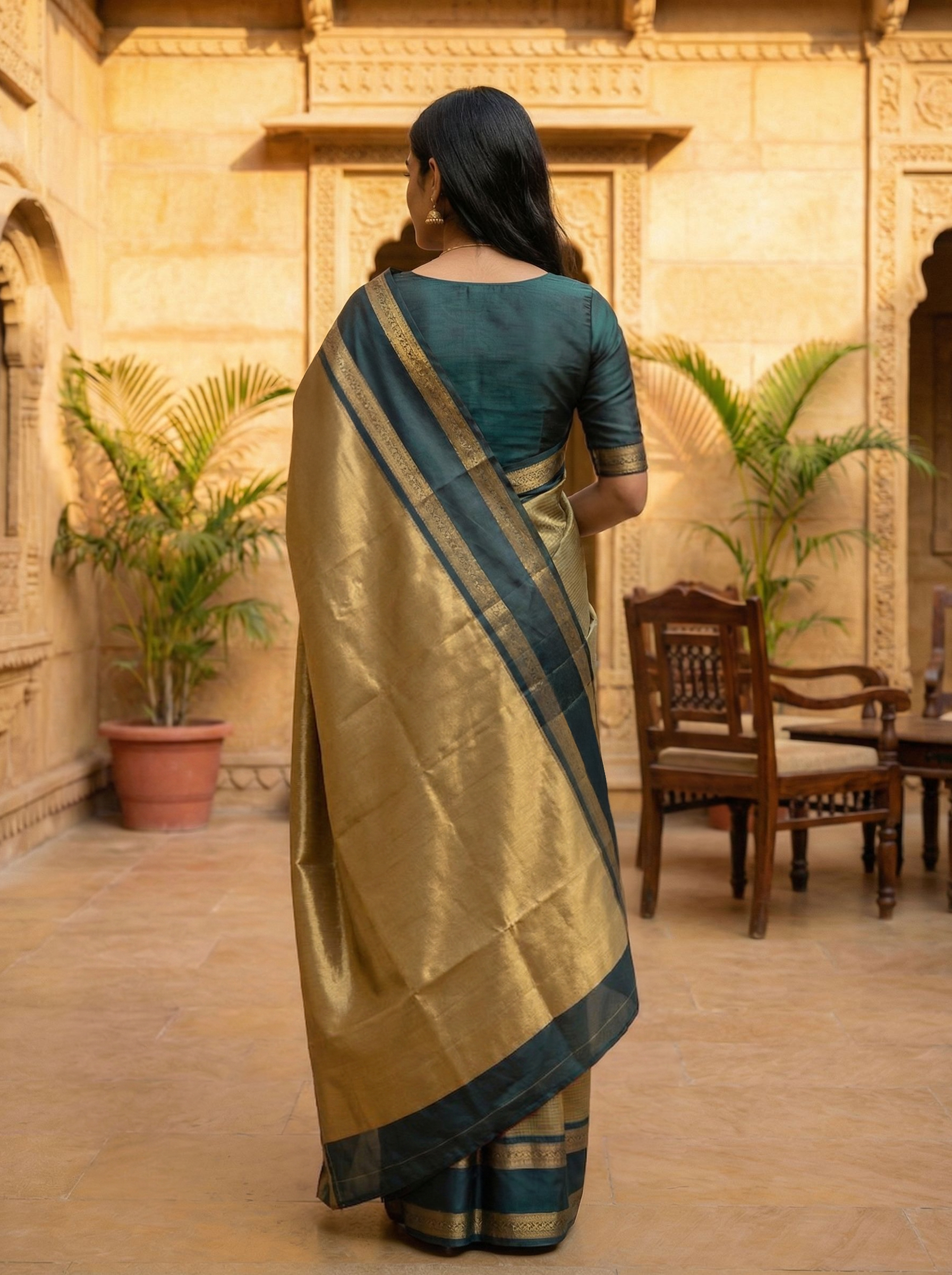 Semi Silk Elegant Olive Green Saree with Rich Teal Blue Border
