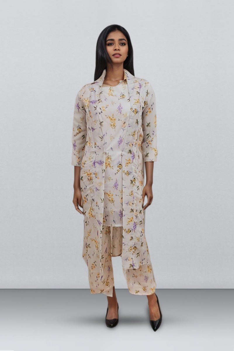 White Color Chiffon Cord Set With Printed Design