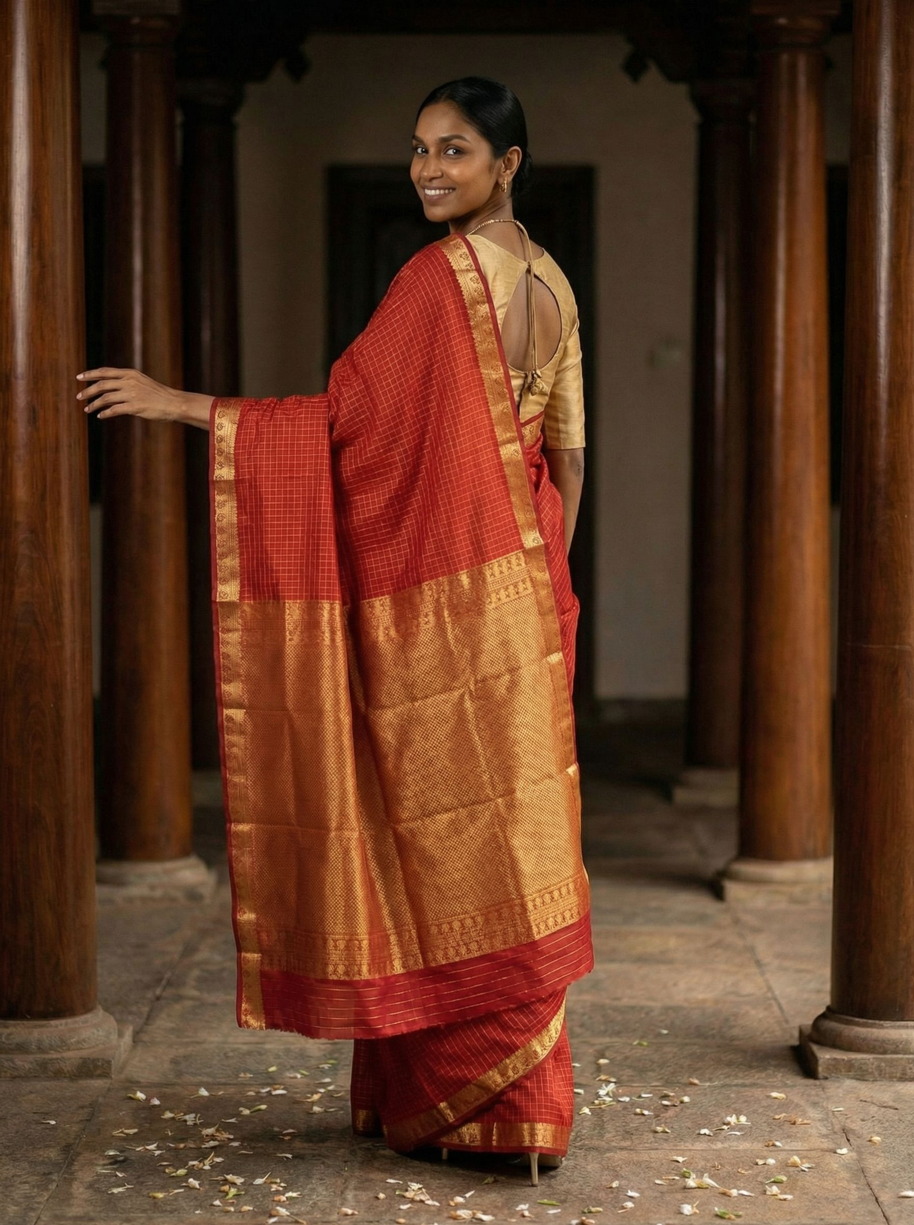 Kanjivaram silk Red Checked Saree with Gold Zari Border