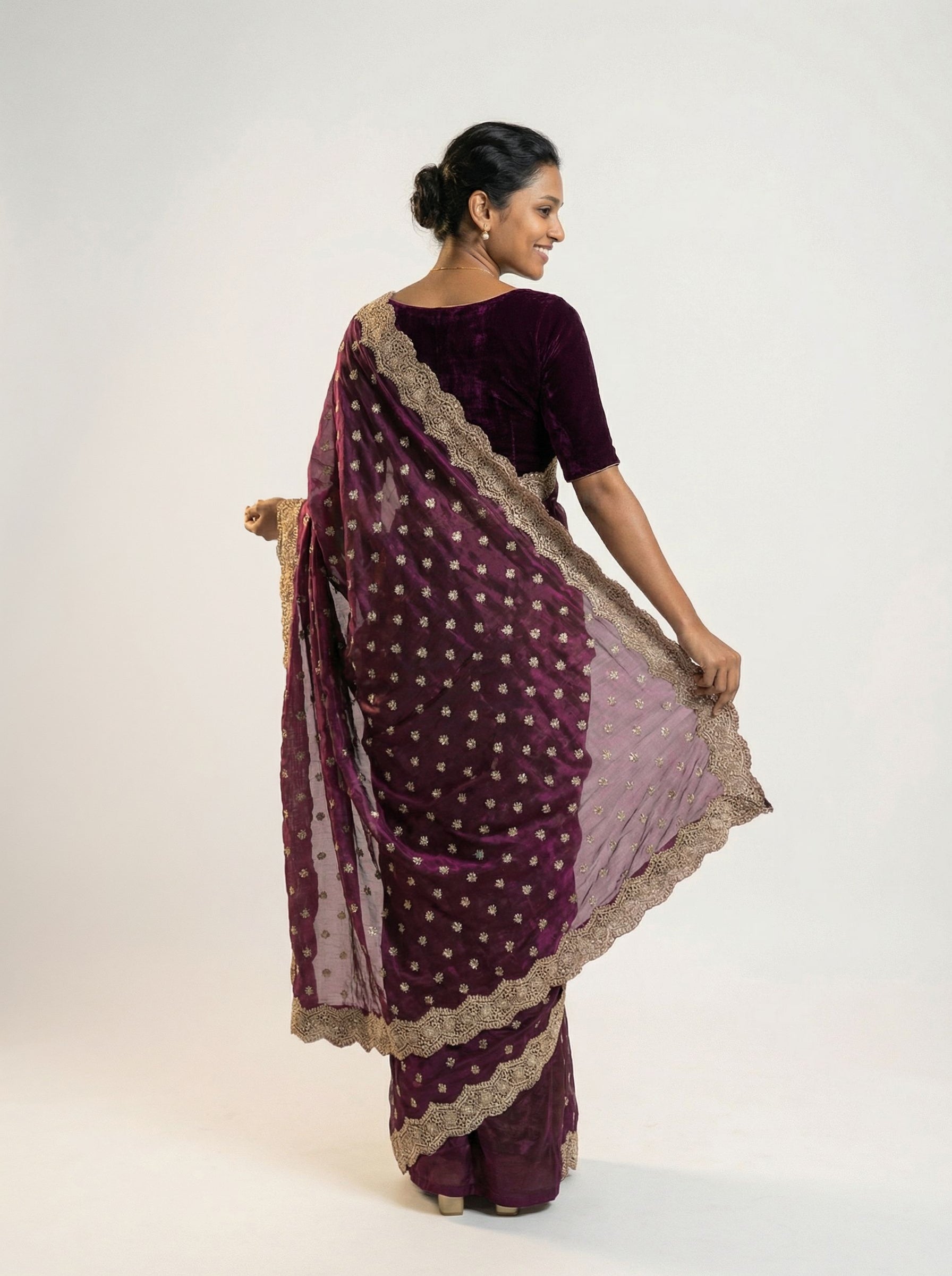Shimmer Organza Wine Butta Designer Saree with Heavy Embroidered Border