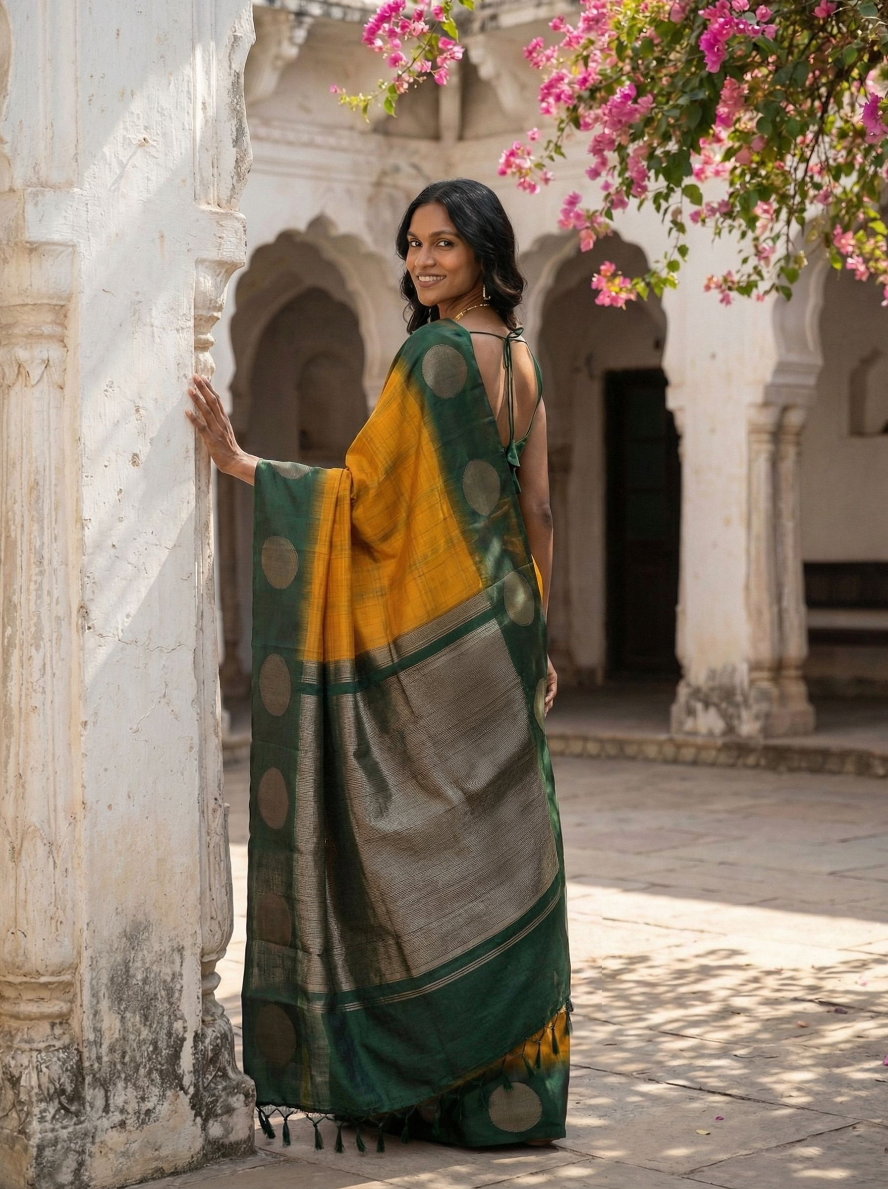 Kanjivaram Pure Silk Mustard Yellow and Green Coin Motif Saree