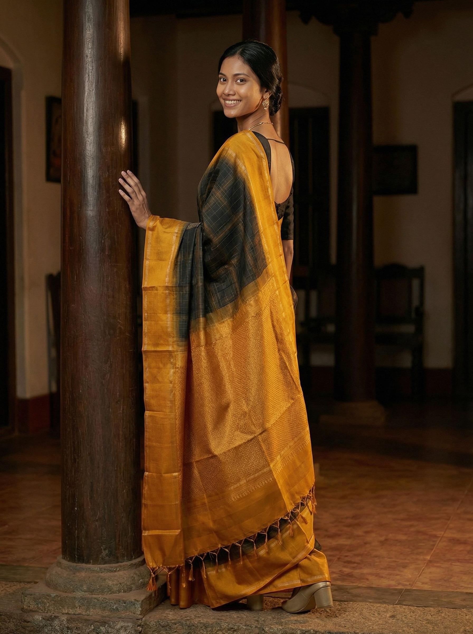 Kanjivaram Pure Silk Charcoal Black and Mustard Yellow Checked Saree with Zari Border