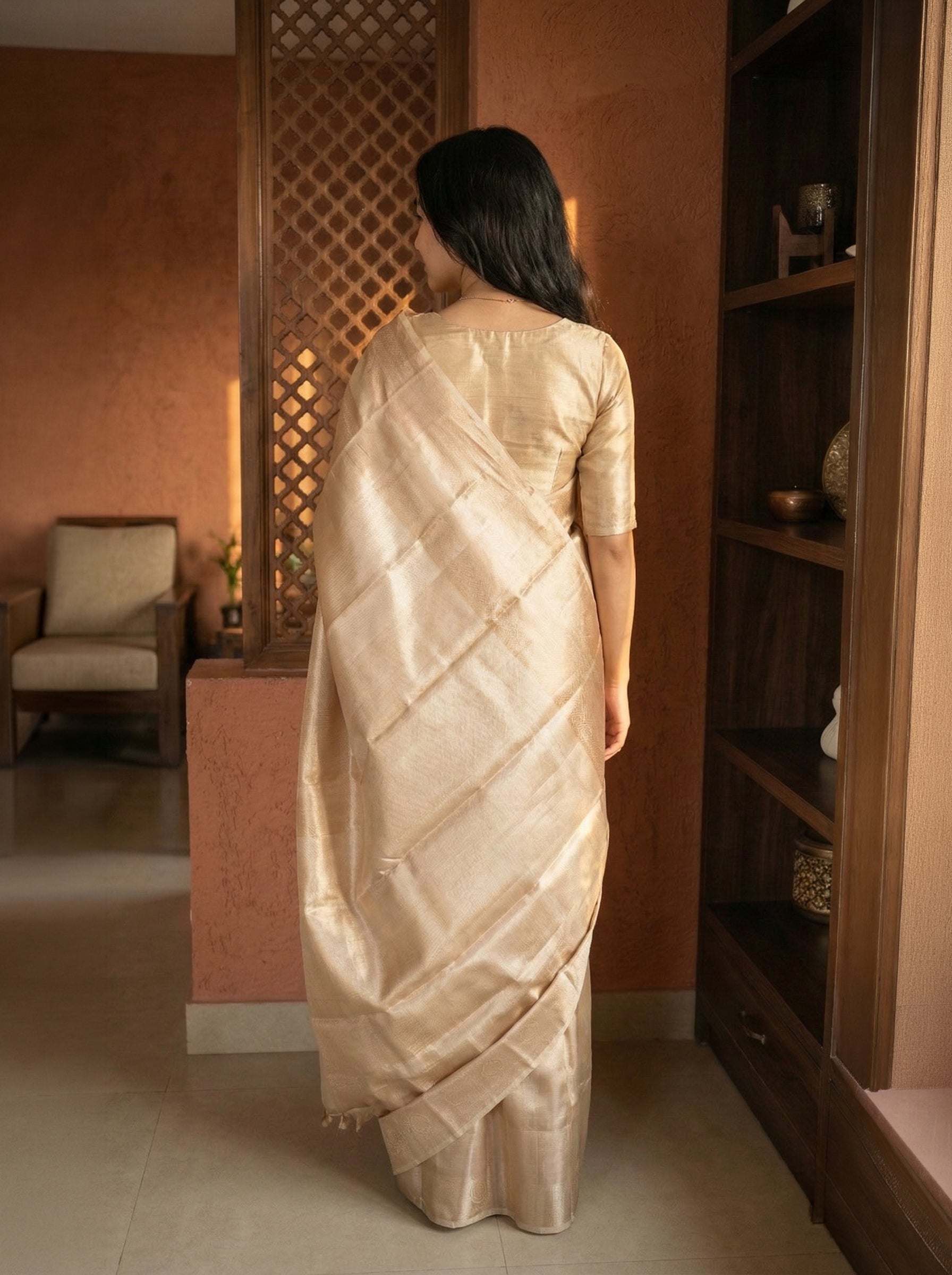 Semi Silk Elegant Champagne Gold Saree with Minimalist Woven Design