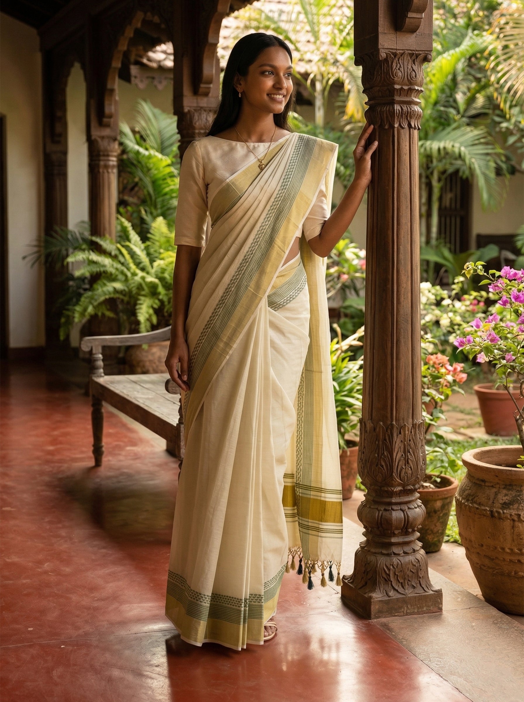Woman in a traditional saree standing in a garden setting
