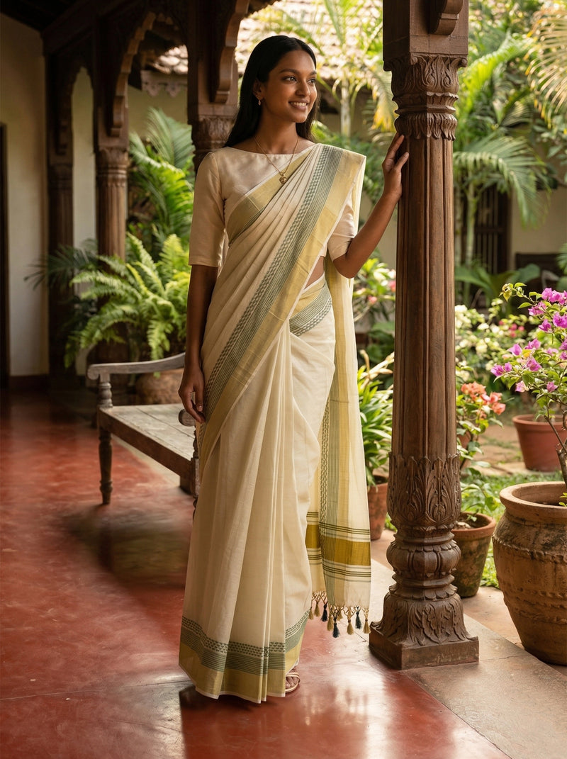 Woman in a traditional saree standing in a garden setting