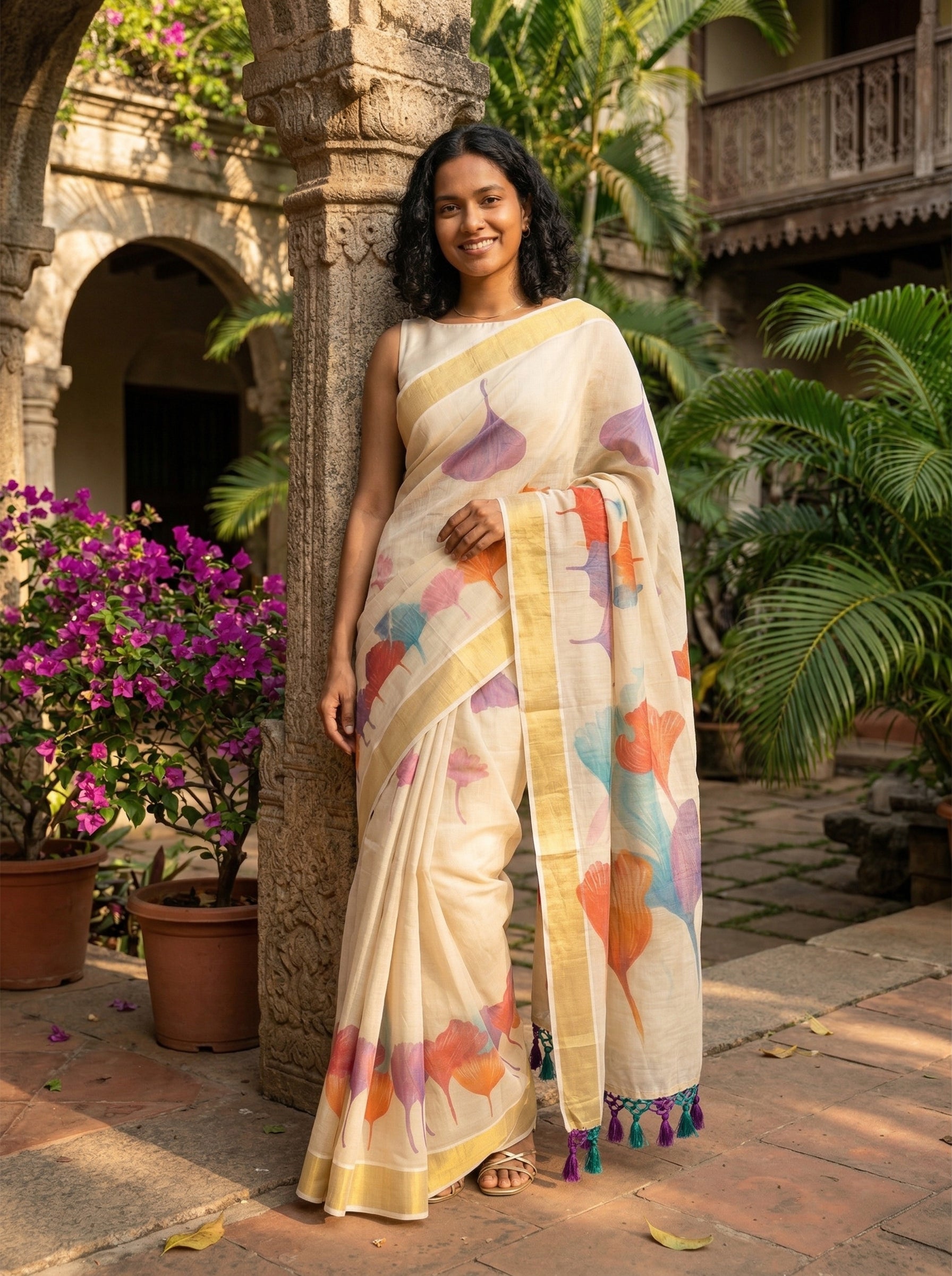 Woman in a colorful saree standing in an outdoor setting with plants and architecture.