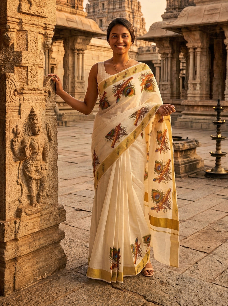 Woman in a traditional saree standing in front of an ancient temple.