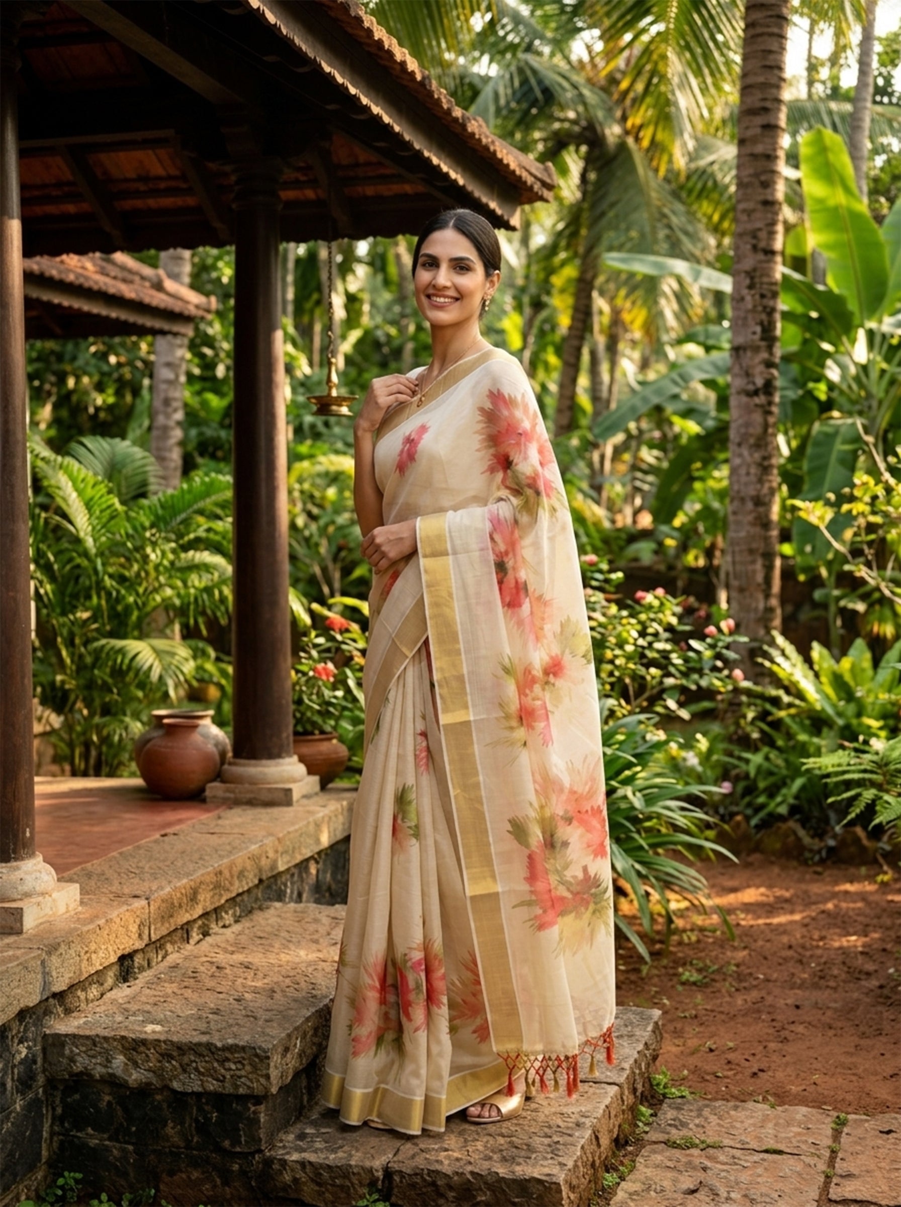 Woman in a floral saree standing in a tropical garden setting