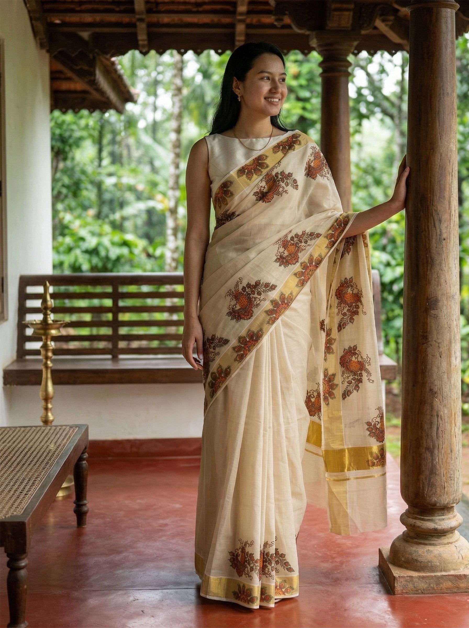 Woman in a traditional saree standing in a rustic setting with wooden pillars and greenery.